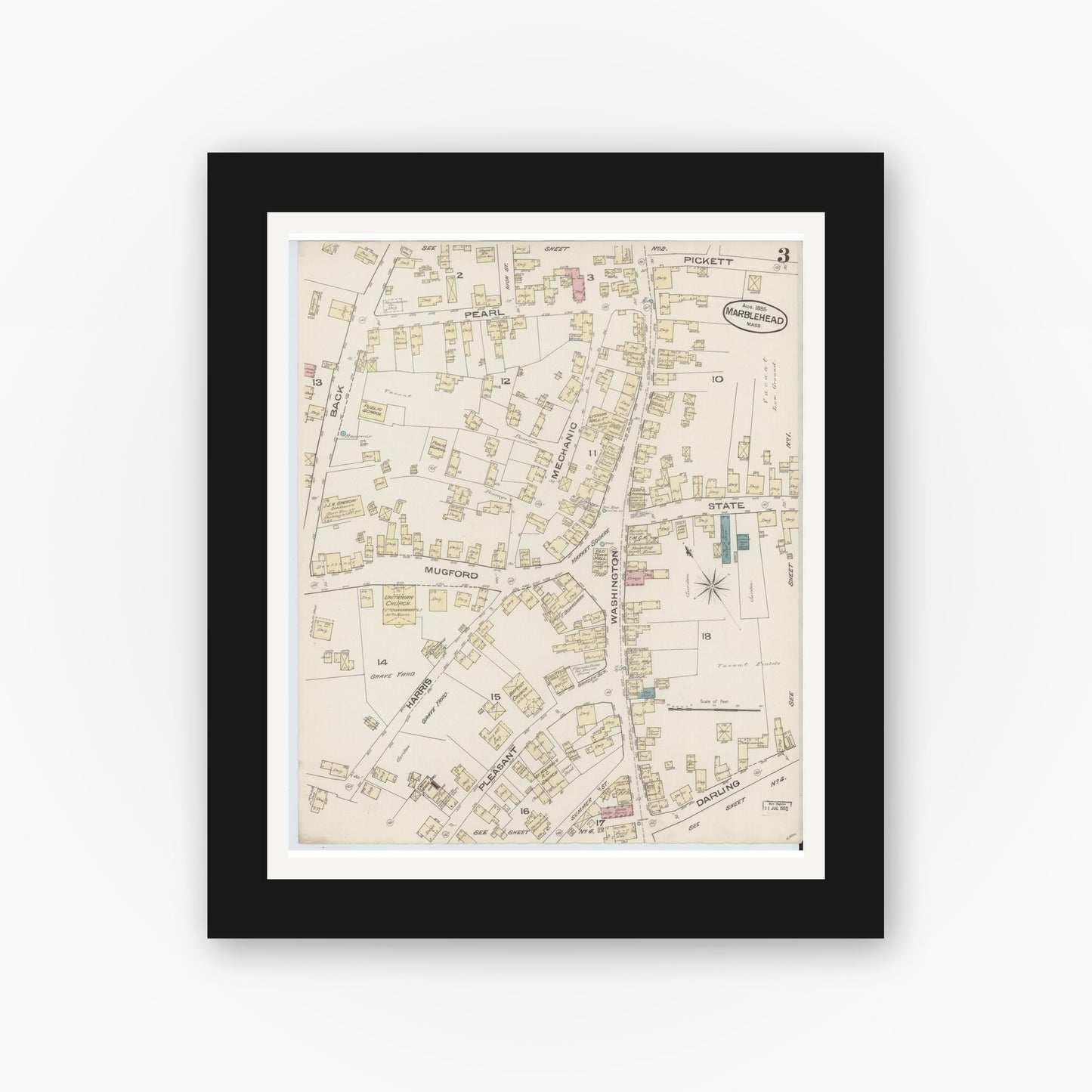 Old map wall art mockup — black gallery frame with white mat — Sanborn Fire Insurance Map from Marblehead, Essex County, Massachusetts (1885), Sheet #0003