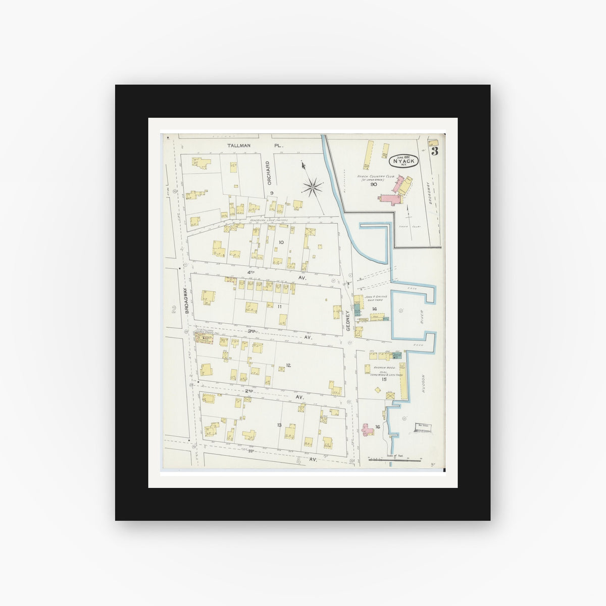 Old map wall art mockup — black gallery frame with white mat — Sanborn Fire Insurance Map from Nyack, Rockland County, New York (1892), Sheet #0003