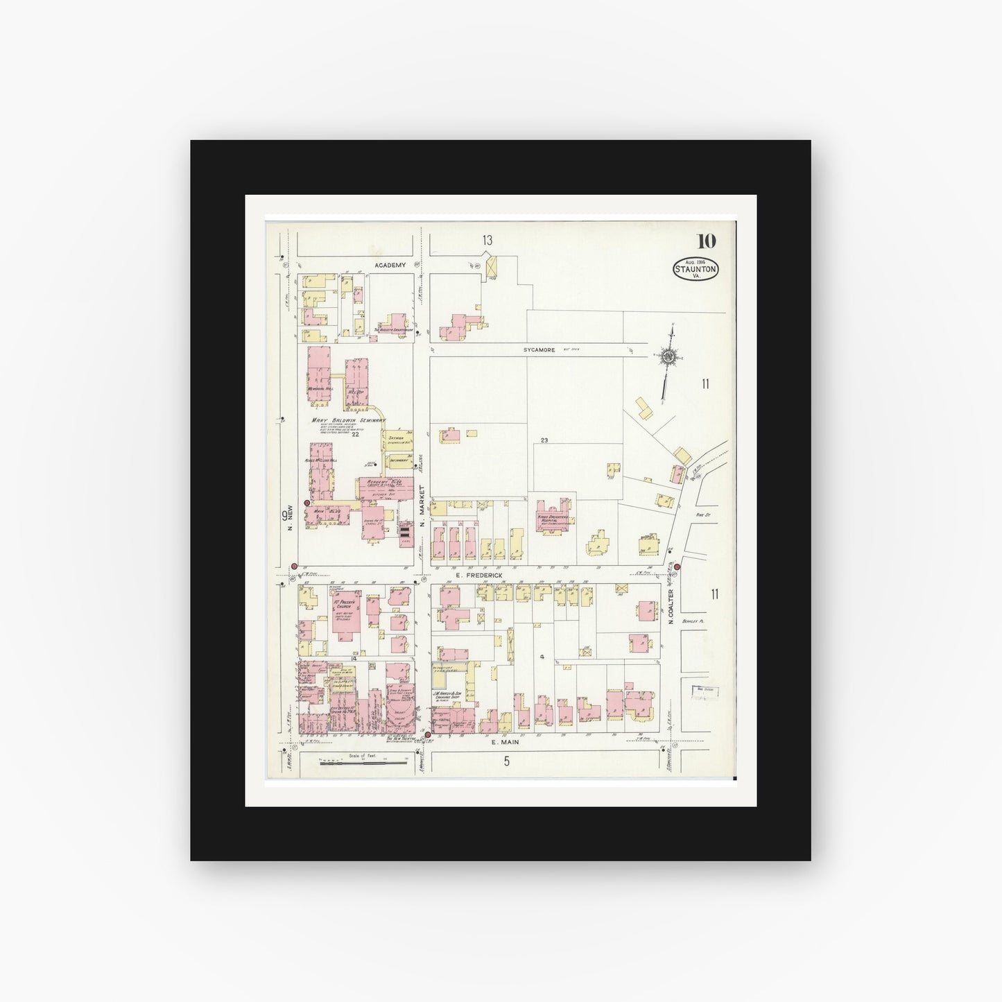 Old map wall art mockup — black gallery frame with white mat — Sanborn Fire Insurance Map from Staunton, Independent Cities, Virginia (1914), Sheet #0010