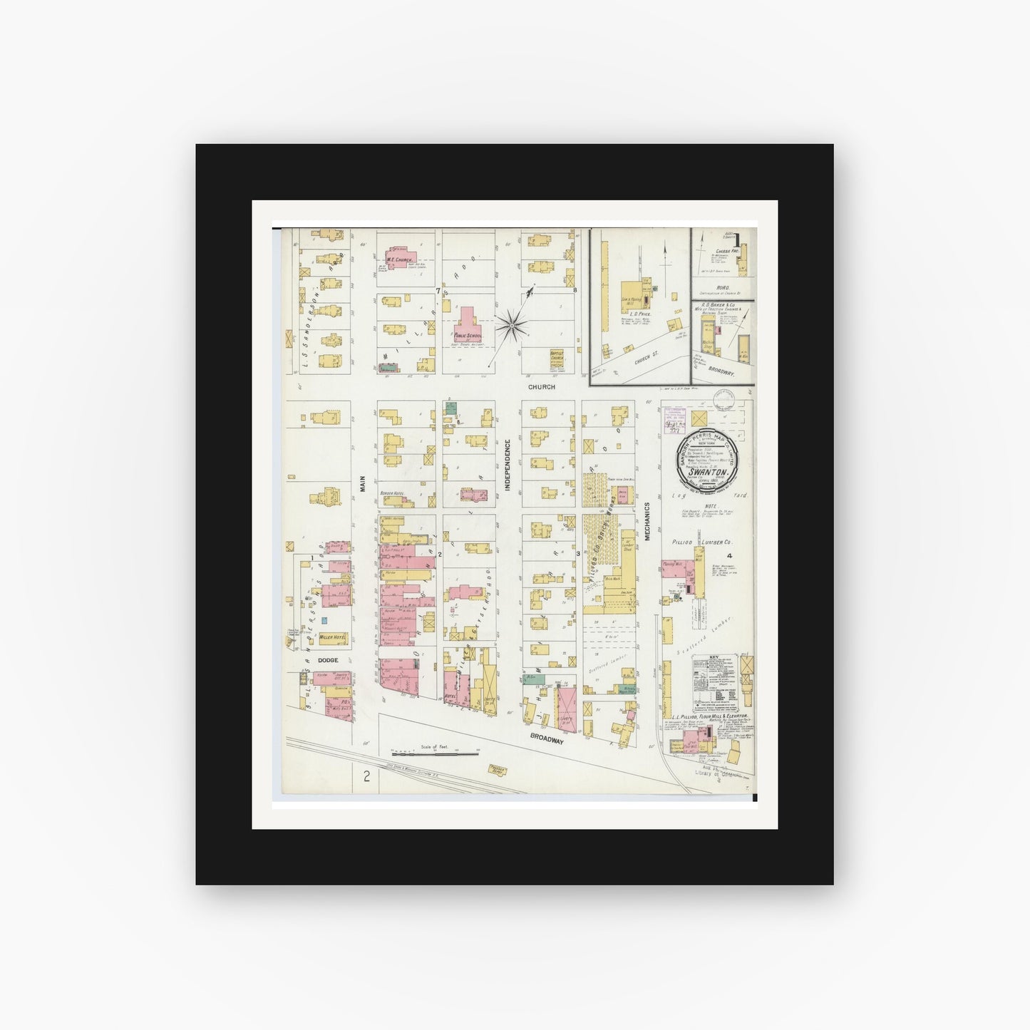Old map wall art mockup — black gallery frame with white mat — Sanborn Fire Insurance Map from Swanton, Fulton County, Ohio (1901) - Complete Map Set