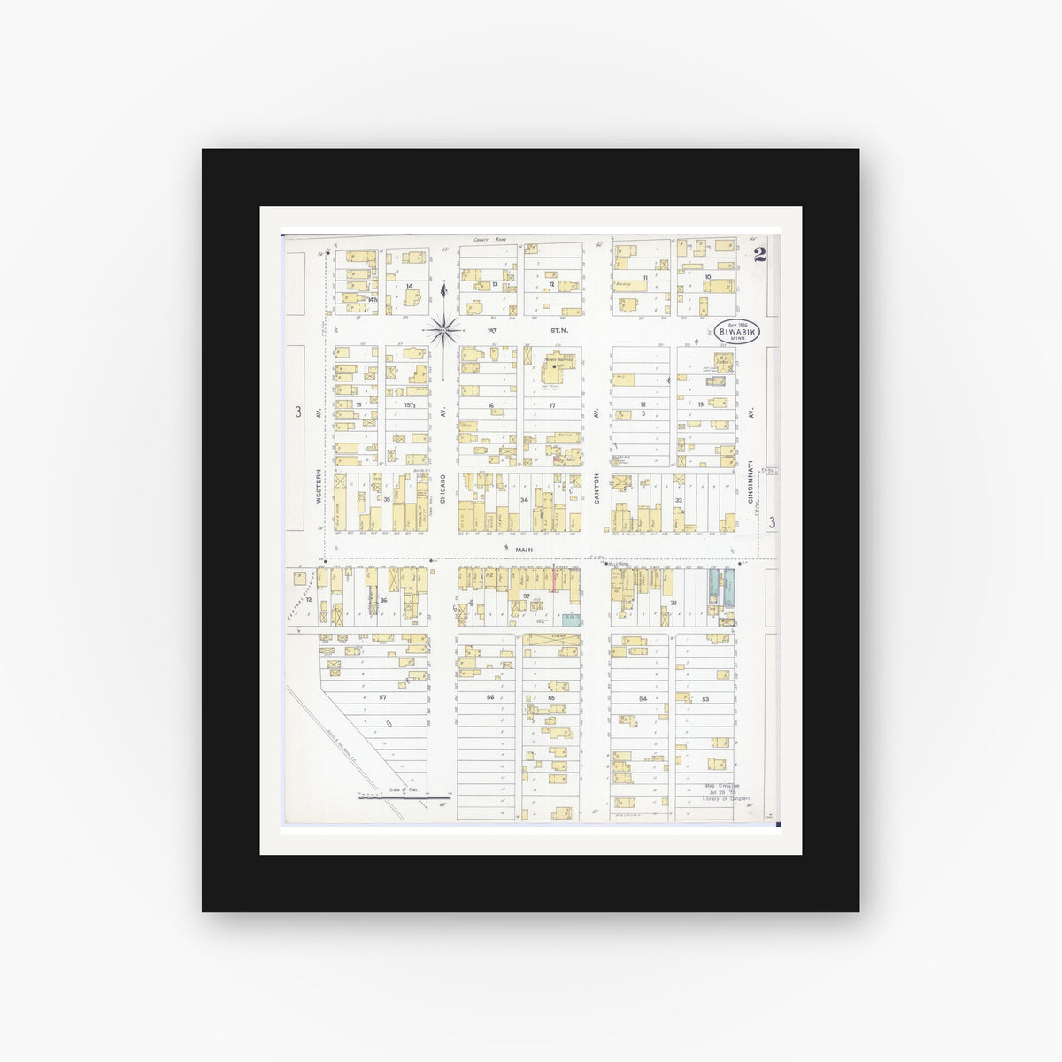 Old map wall art mockup — black gallery frame with white mat — Sanborn Fire Insurance Map from Biwabik, Saint Louis County, Minnesota (1906), Sheet #0002