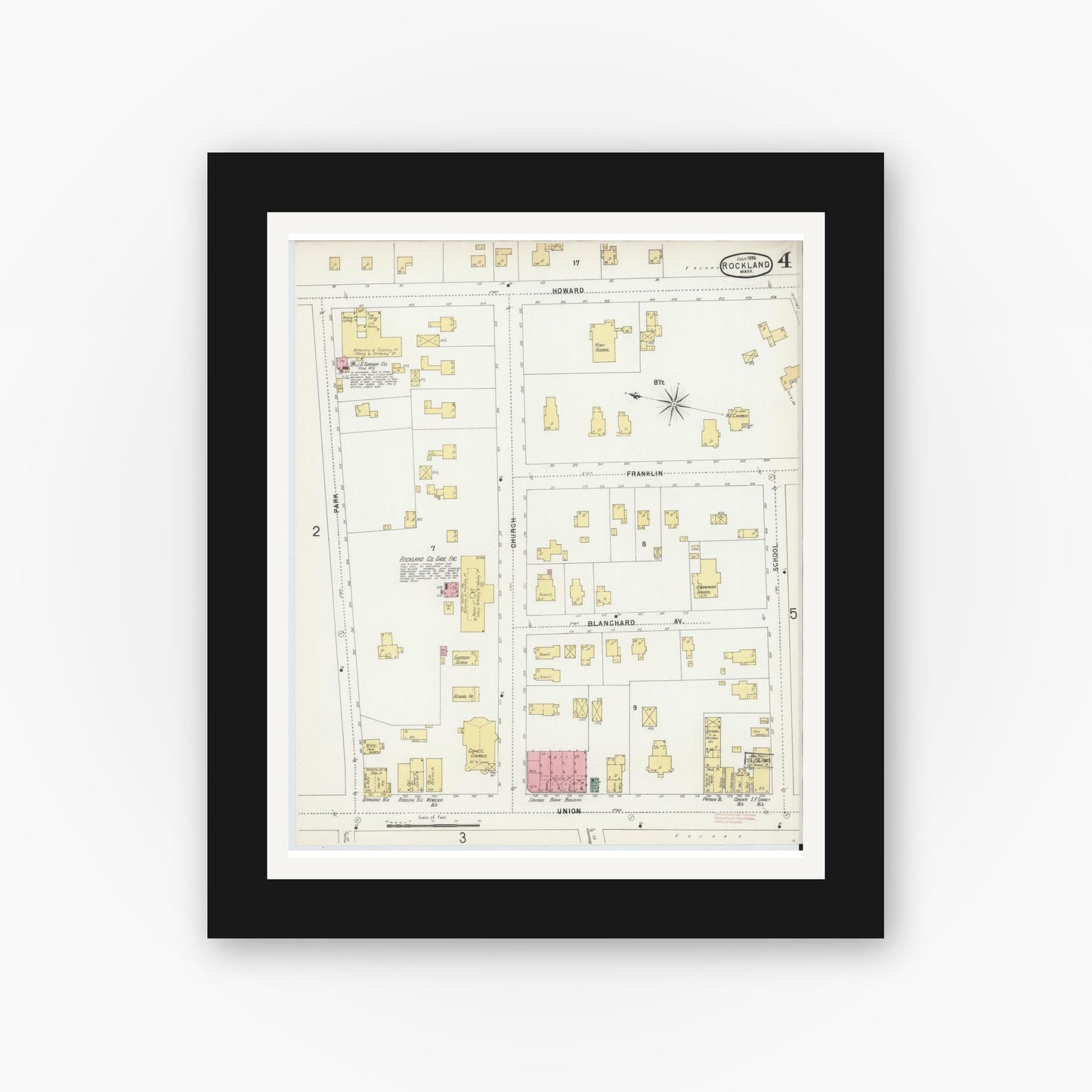 Old map wall art mockup — black gallery frame with white mat — Sanborn Fire Insurance Map from Rockland, Plymouth County, Massachusetts (1896), Sheet #0004