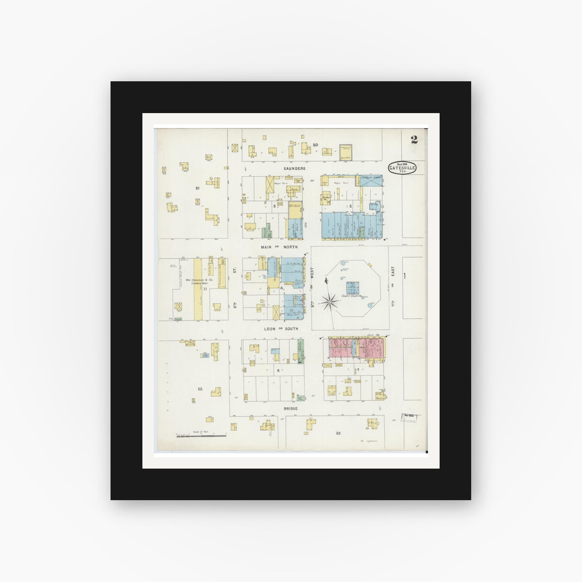 Old map wall art mockup — black gallery frame with white mat — Sanborn Fire Insurance Map from Gatesville, Coryell County, Texas (1896), Sheet #0002