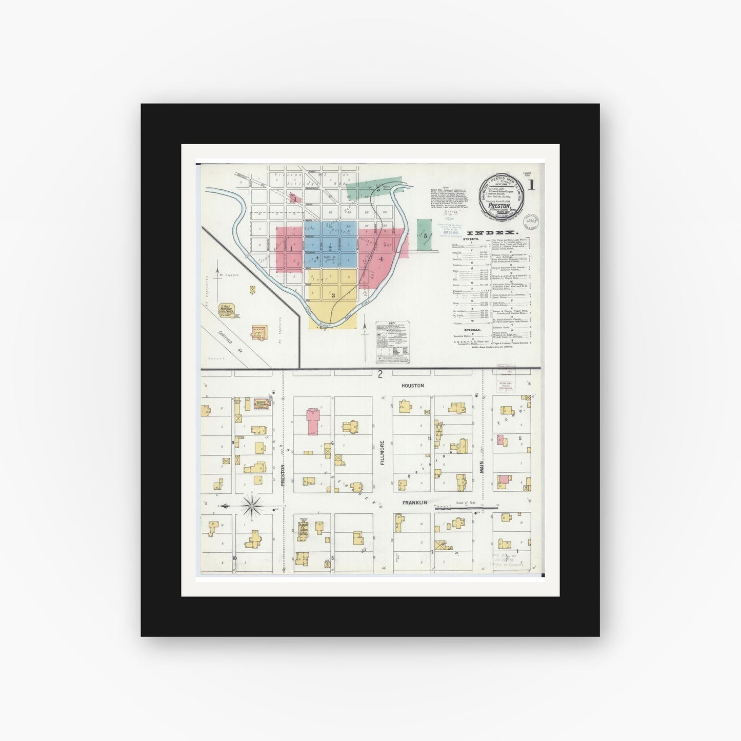 Old map wall art mockup — black gallery frame with white mat — Sanborn Fire Insurance Map from Preston, Fillmore County, Minnesota (1900) - Complete Map Set