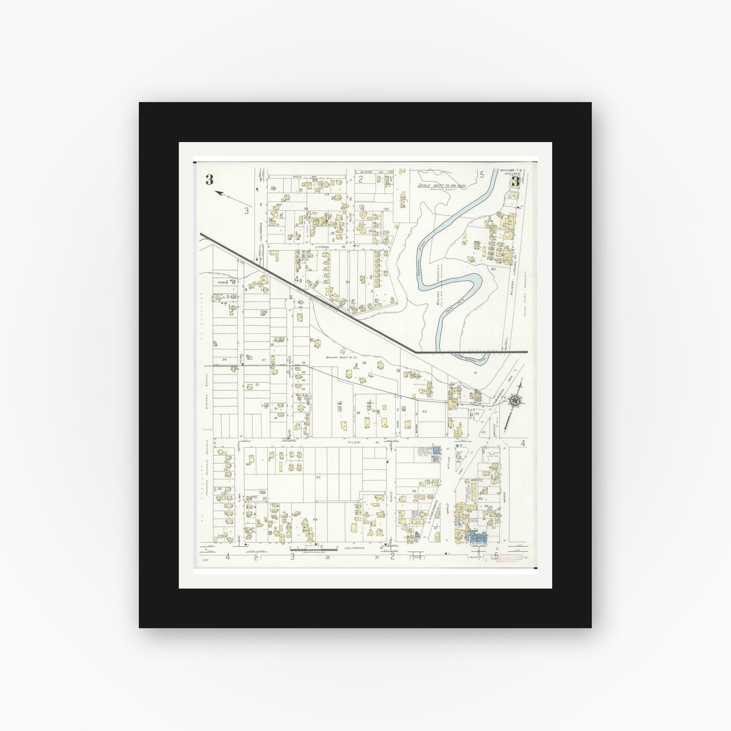 Old map wall art mockup — black gallery frame with white mat — Sanborn Fire Insurance Map from Wahiawa, Honolulu County, Hawaii (1942), Sheet #0003