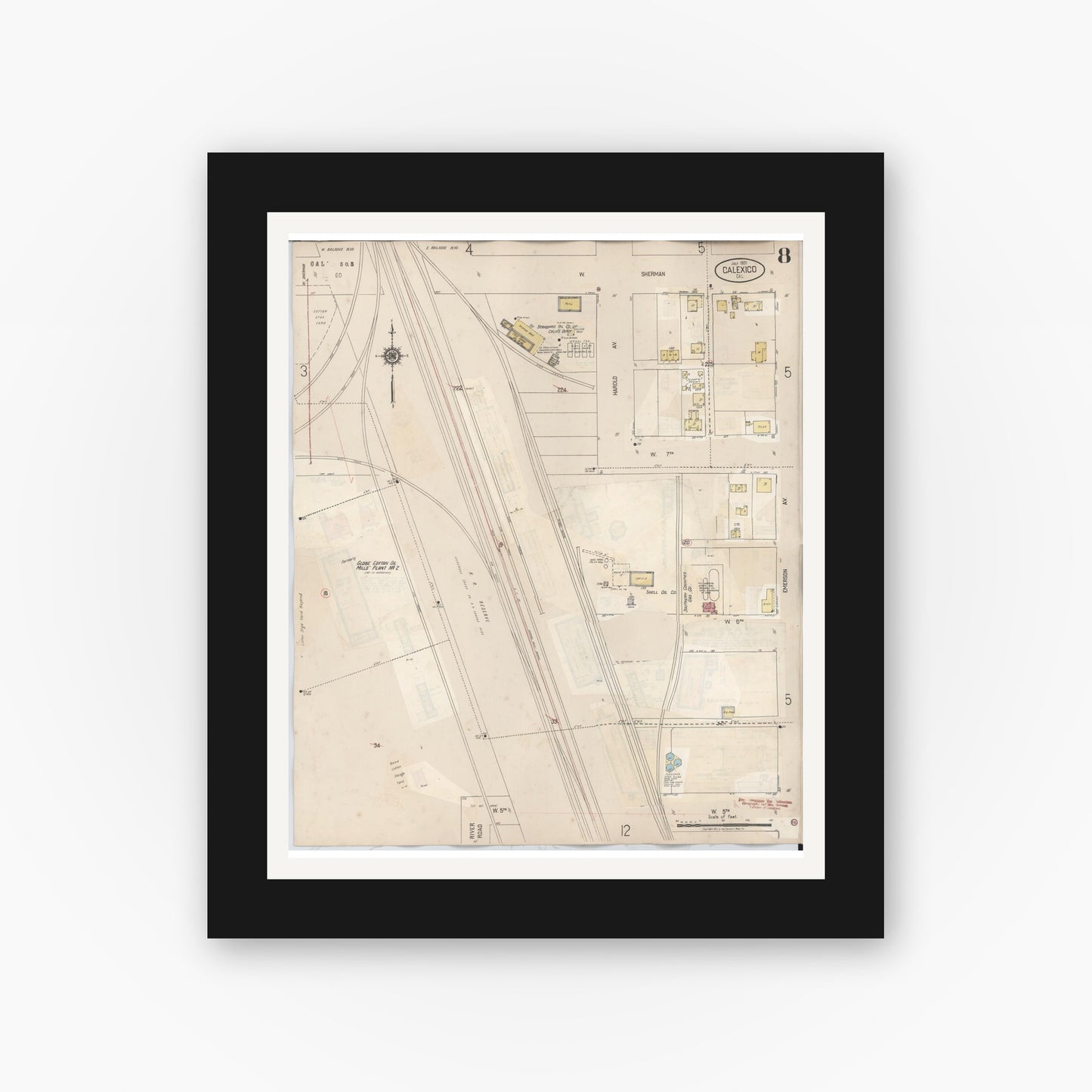 Old map wall art mockup — black gallery frame with white mat — Sanborn Fire Insurance Map from Calexico, Imperial County, California (1949), Sheet #0008