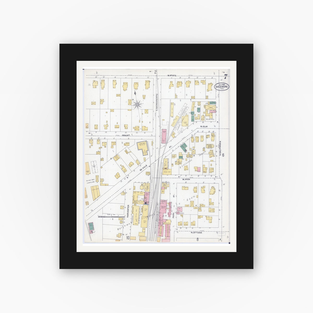 Old map wall art mockup — black gallery frame with white mat — Sanborn Fire Insurance Map from Sycamore, De Kalb County, Illinois (1905), Sheet #0007