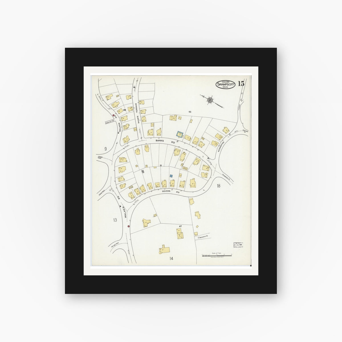 Old map wall art mockup — black gallery frame with white mat — Sanborn Fire Insurance Map from Swampscott, Essex County, Massachusetts (1920), Sheet #0015