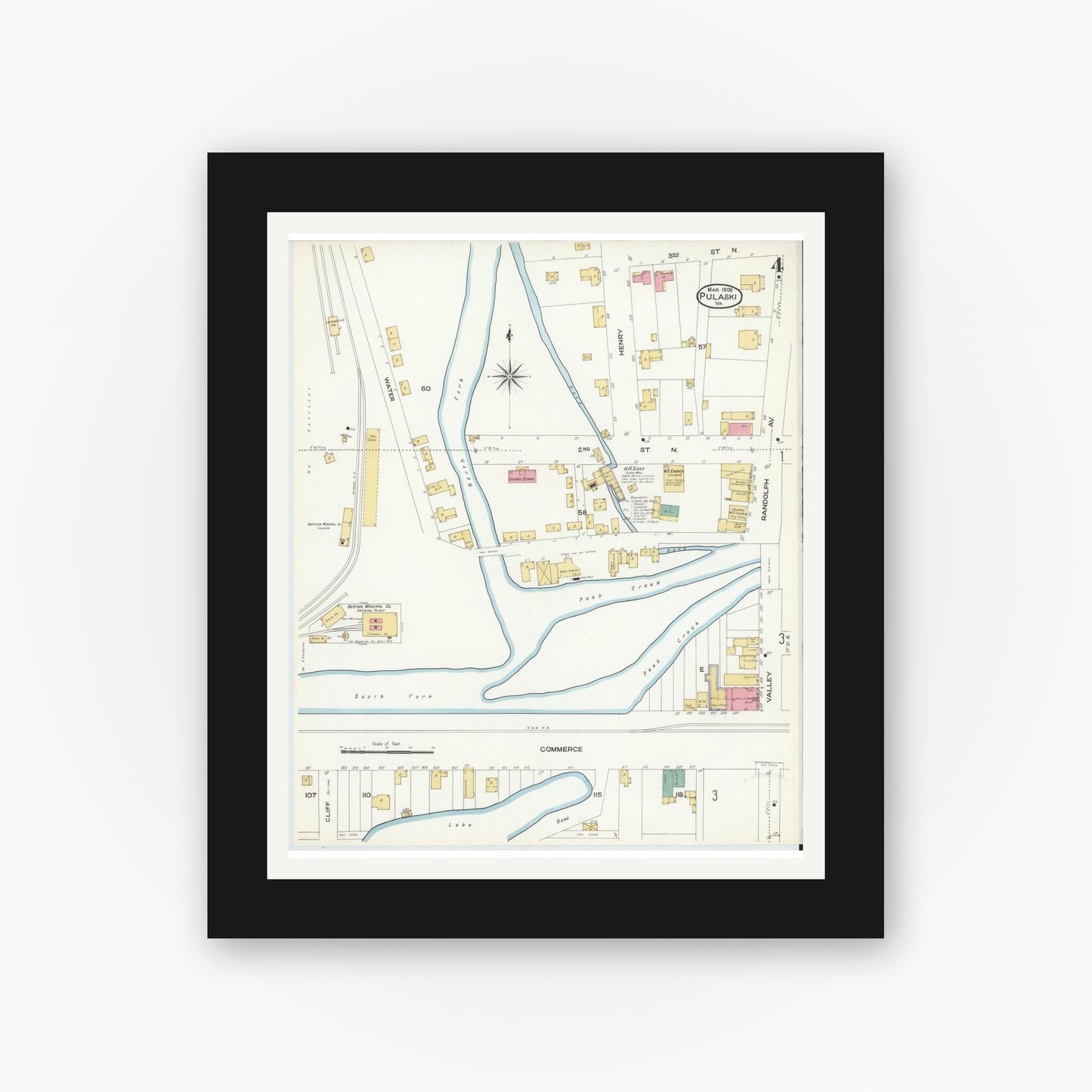 Old map wall art mockup — black gallery frame with white mat — Sanborn Fire Insurance Map from Pulaski, Pulaski County, Virginia (1908), Sheet #0004