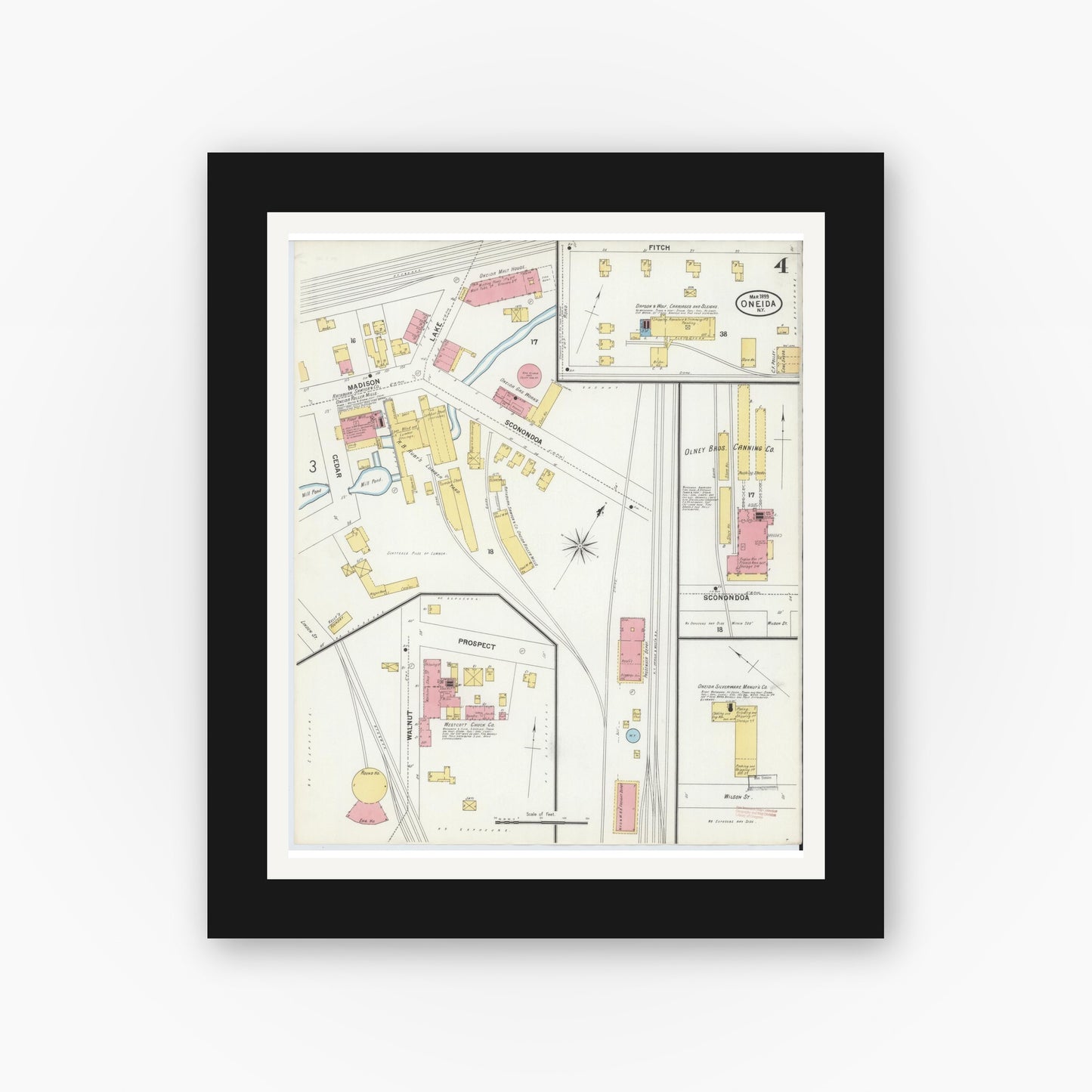 Old map wall art mockup — black gallery frame with white mat — Sanborn Fire Insurance Map from Oneida, Madison County, New York (1899), Sheet #0004