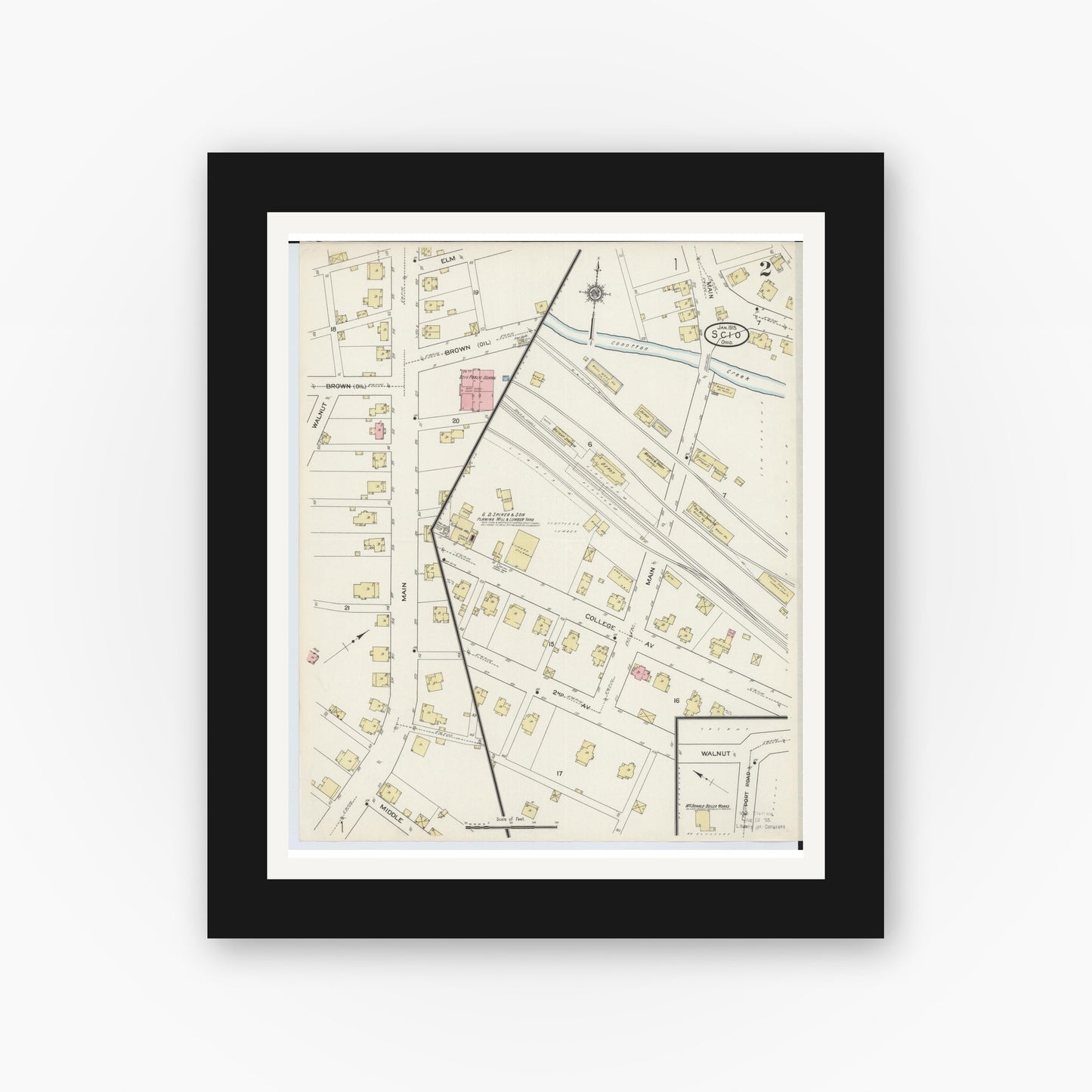 Old map wall art mockup — black gallery frame with white mat — Sanborn Fire Insurance Map from Scio, Harrison County, Ohio (1915), Sheet #0002