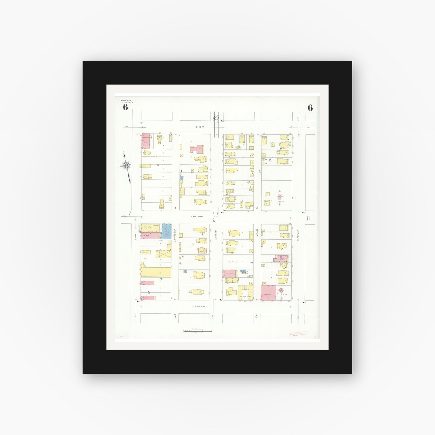 Old map wall art mockup — black gallery frame with white mat — Sanborn Fire Insurance Map from Centralia, Marion, Clinton, Jefferson, and Washington Counties, Illinois (1938), Sheet #0006
