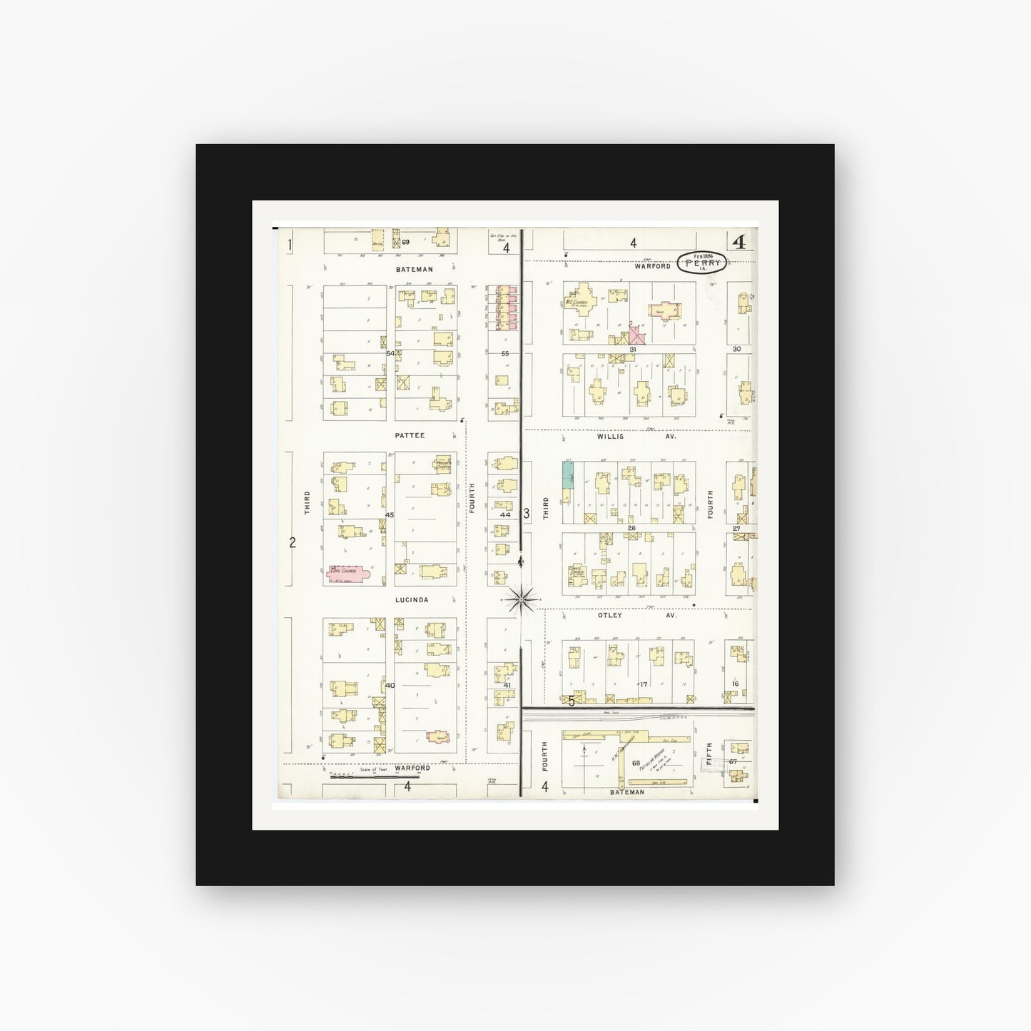 Old map wall art mockup — black gallery frame with white mat — Sanborn Fire Insurance Map from Perry, Dallas County, Iowa (1896), Sheet #0004