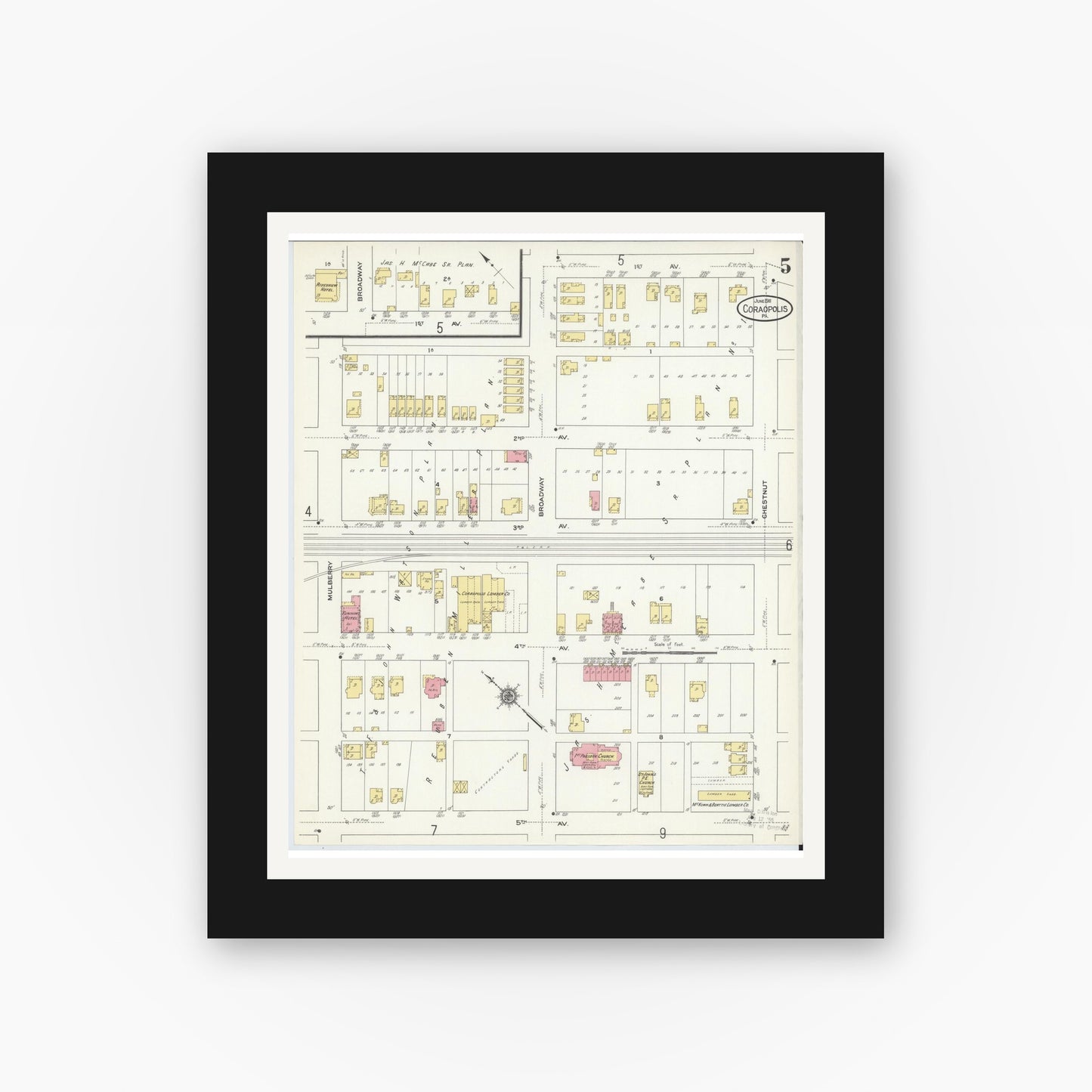 Old map wall art mockup — black gallery frame with white mat — Sanborn Fire Insurance Map from Coraopolis, Allegheny County, Pennsylvania (1911), Sheet #0005