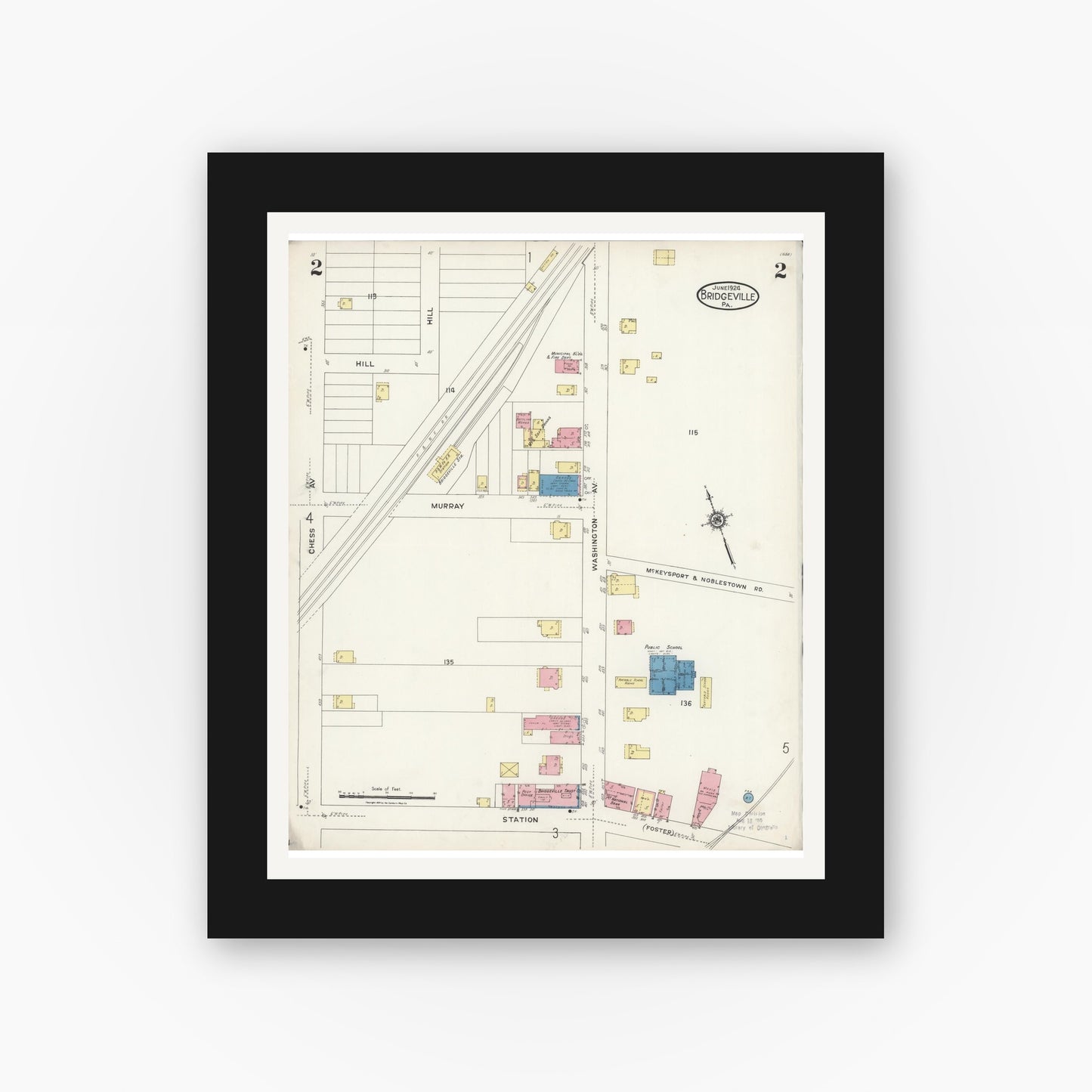 Old map wall art mockup — black gallery frame with white mat — Sanborn Fire Insurance Map from Bridgeville, Allegheny County, Pennsylvania (1924), Sheet #0002