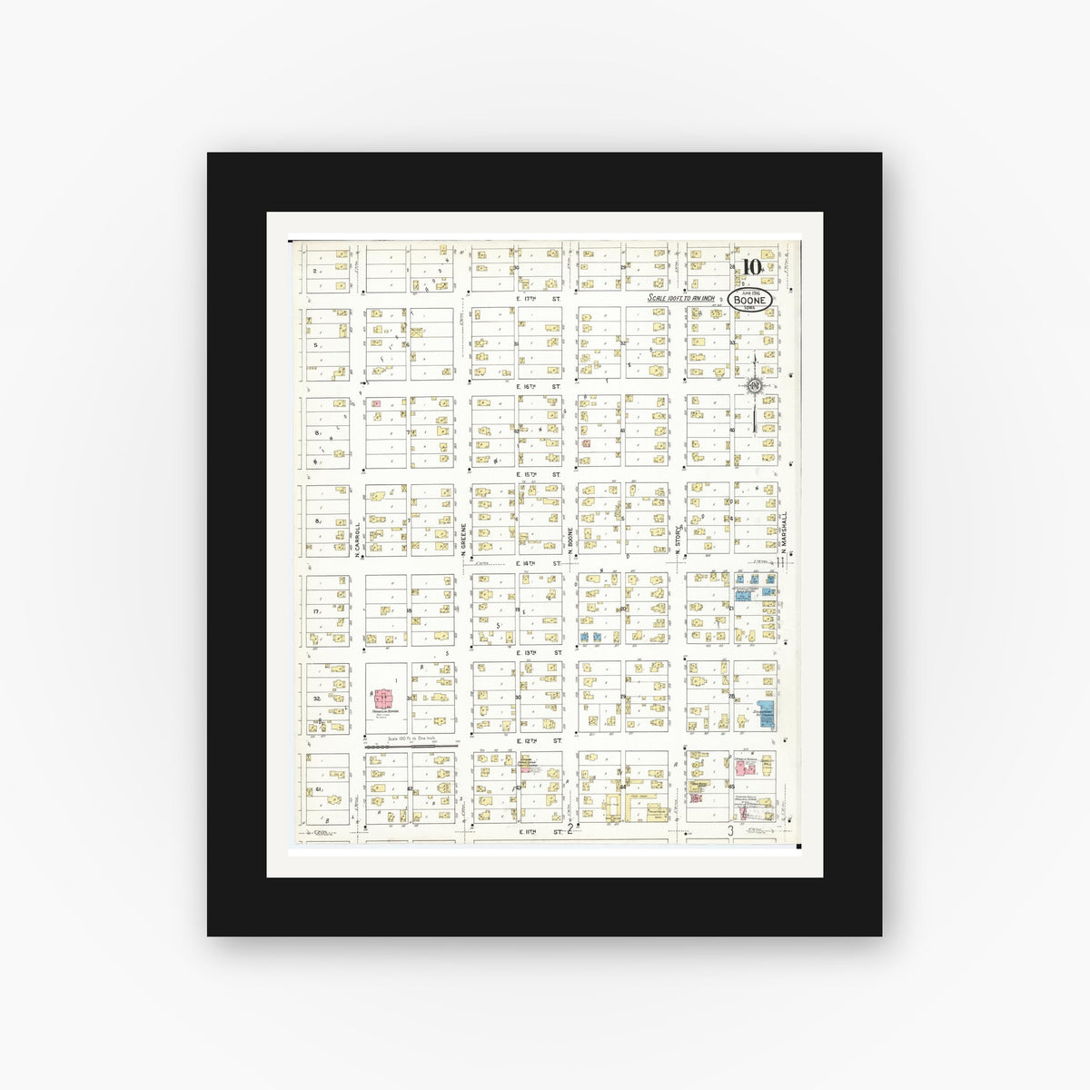 Old map wall art mockup — black gallery frame with white mat — Sanborn Fire Insurance Map from Boone, Boone County, Iowa (1916), Sheet #0010