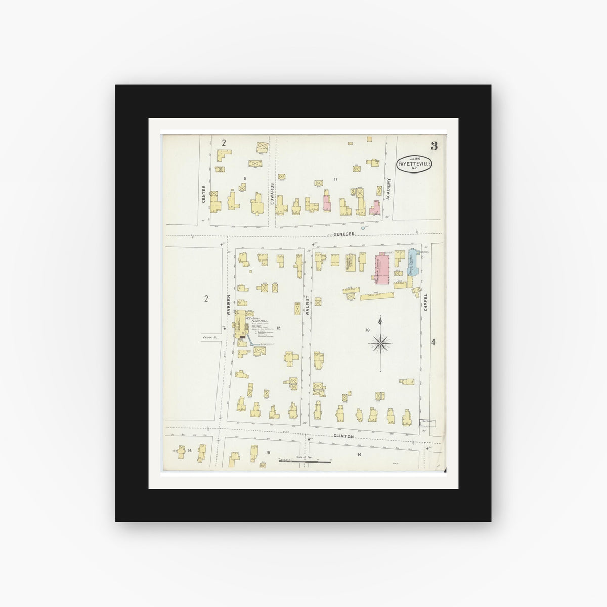 Old map wall art mockup — black gallery frame with white mat — Sanborn Fire Insurance Map from Fayetteville, Onondaga County, New York (1896), Sheet #0003
