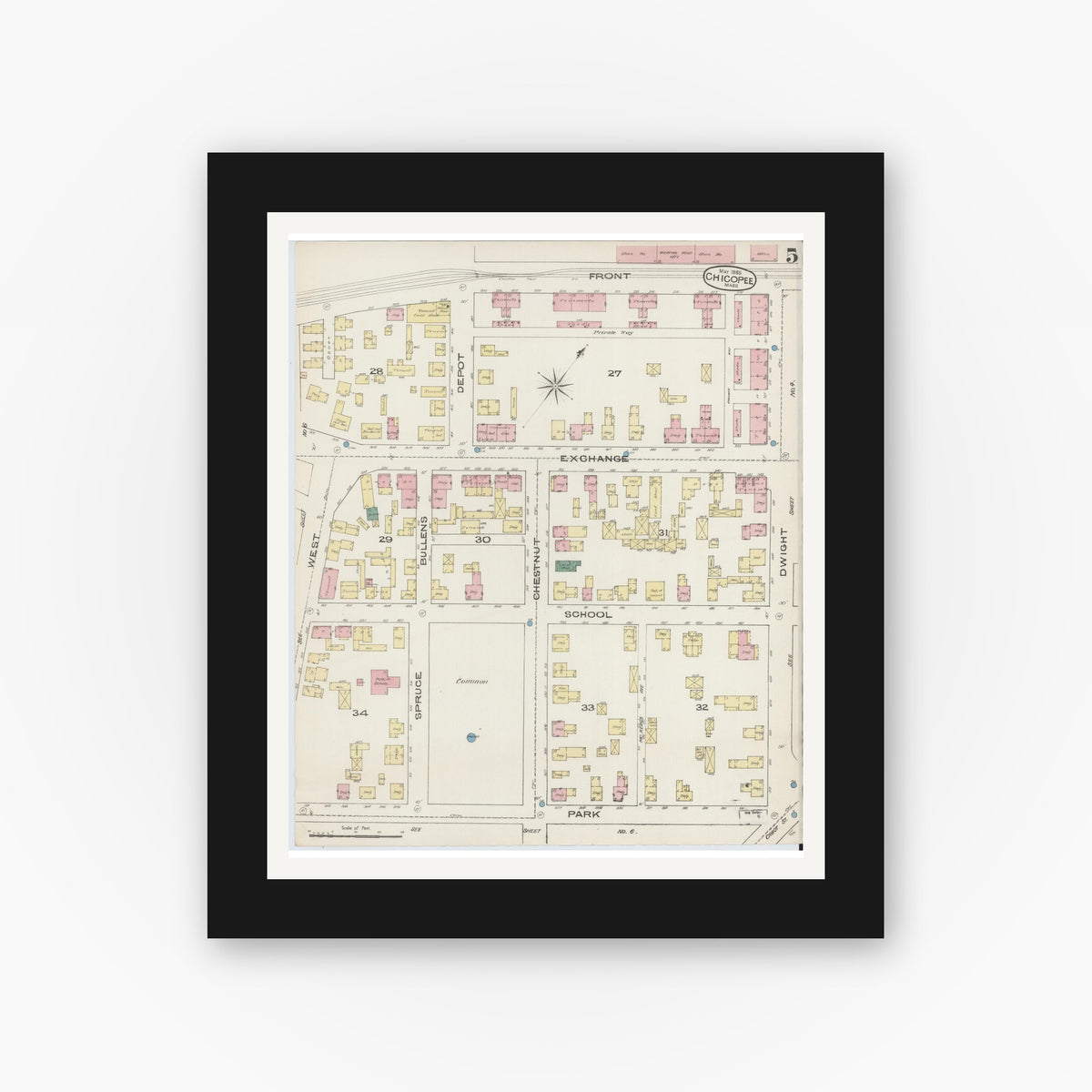 Old map wall art mockup — black gallery frame with white mat — Sanborn Fire Insurance Map from Chicopee, Hampden County, Massachusetts (1885), Sheet #0005