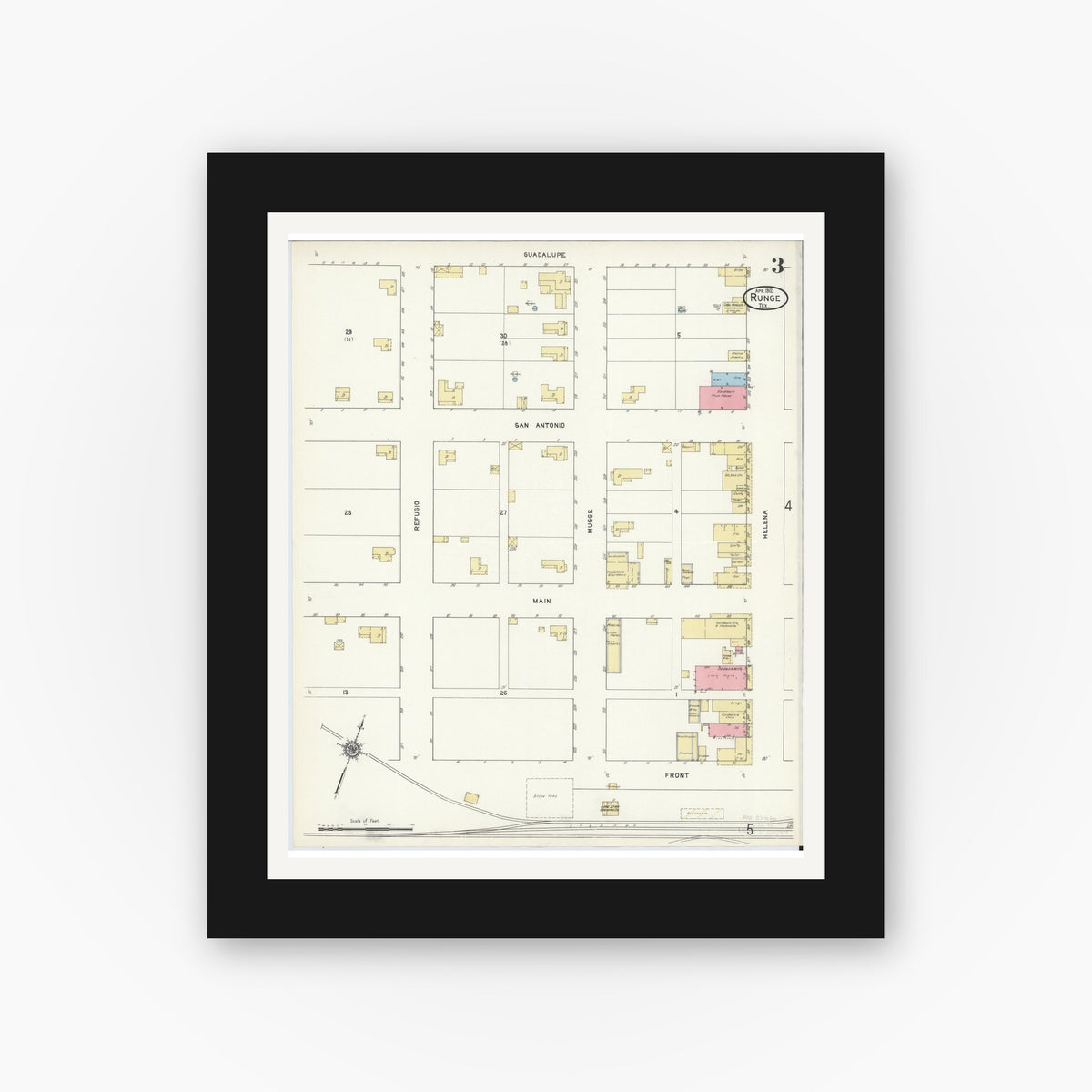 Old map wall art mockup — black gallery frame with white mat — Sanborn Fire Insurance Map from Runge, Karnes County, Texas (1912), Sheet #0003