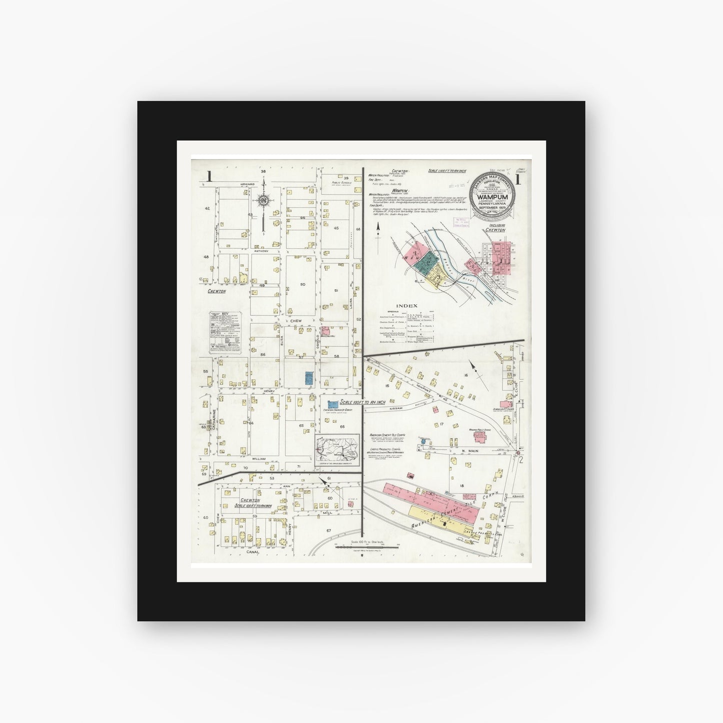 Old map wall art mockup — black gallery frame with white mat — Sanborn Fire Insurance Map from Wampum, Lawrence County, Pennsylvania (1925) - Complete Map Set