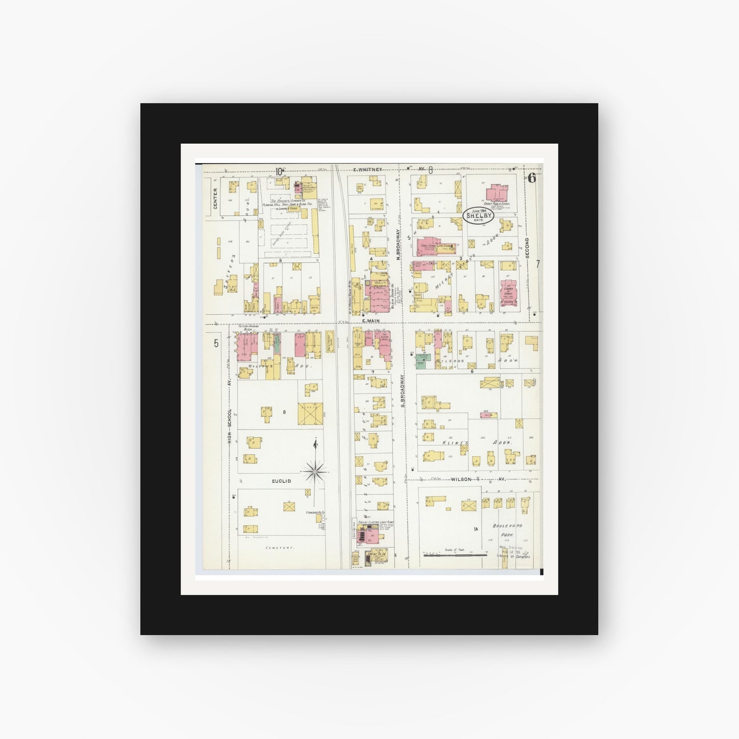 Old map wall art mockup — black gallery frame with white mat — Sanborn Fire Insurance Map from Shelby, Richland County, Ohio (1904), Sheet #0006