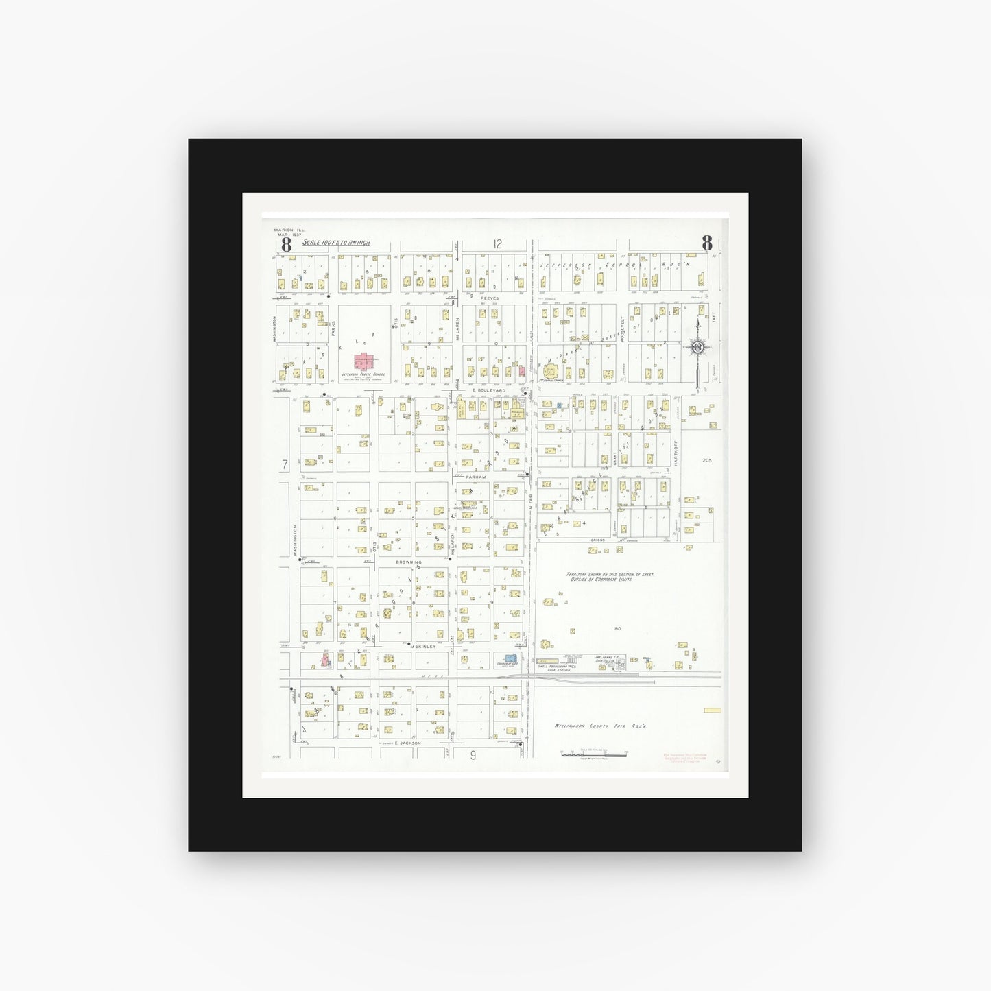 Old map wall art mockup — black gallery frame with white mat — Sanborn Fire Insurance Map from Marion, Williamson County, Illinois (1937), Sheet #0008