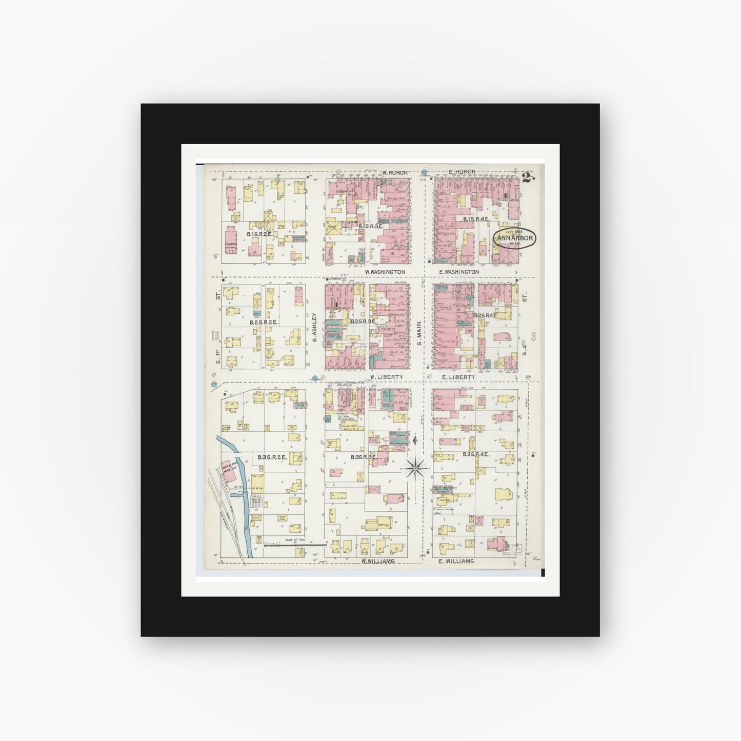 Old map wall art mockup — black gallery frame with white mat — Sanborn Fire Insurance Map from Ann Arbor, Washtenaw County, Michigan (1892), Sheet #0002