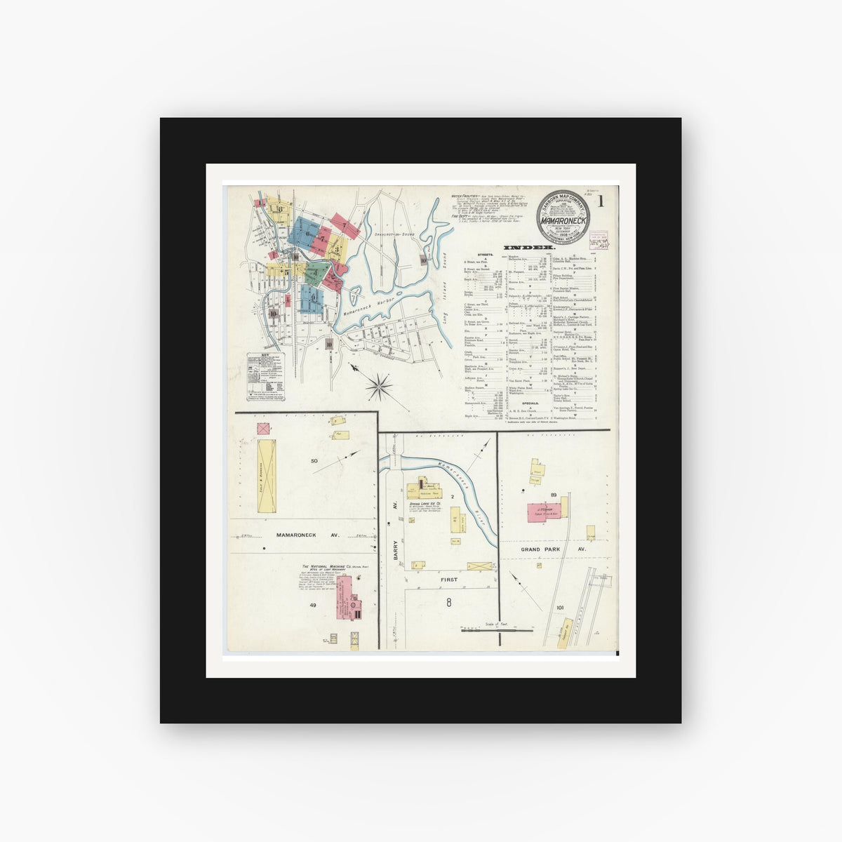 Old map wall art mockup — black gallery frame with white mat — Sanborn Fire Insurance Map from Mamaroneck, Westchester County, New York (1908) - Complete Map Set