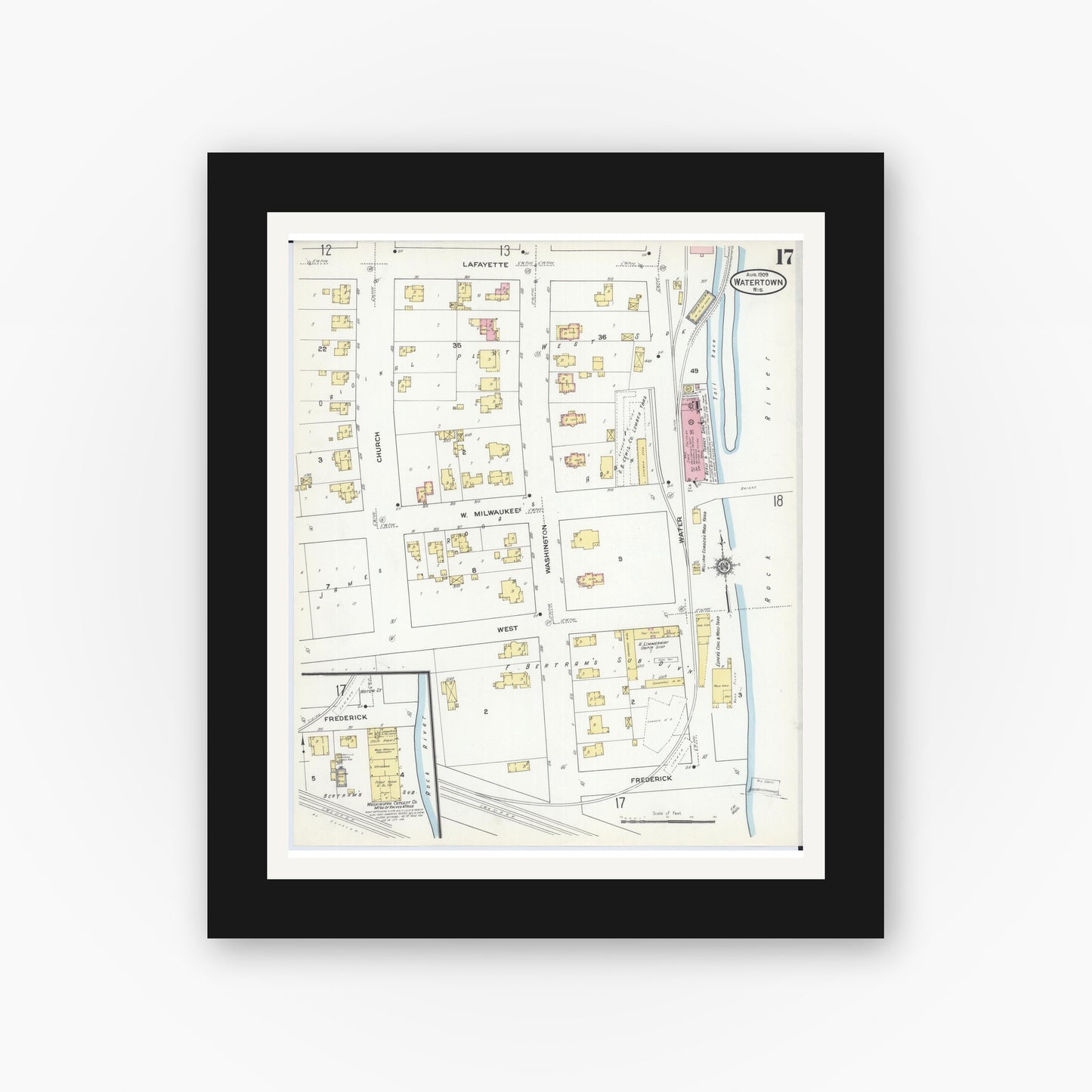 Old map wall art mockup — black gallery frame with white mat — Sanborn Fire Insurance Map from Watertown, Jefferson County, Wisconsin (1909), Sheet #0017