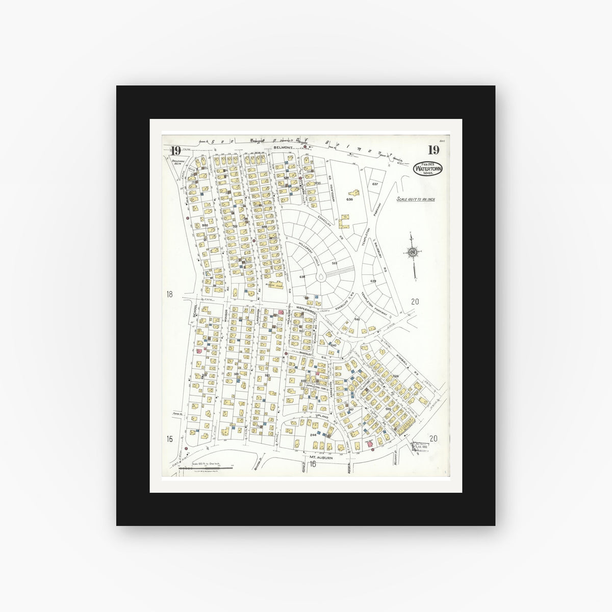 Old map wall art mockup — black gallery frame with white mat — Sanborn Fire Insurance Map from Watertown, Middlesex County, Massachusetts (1923), Sheet #0019