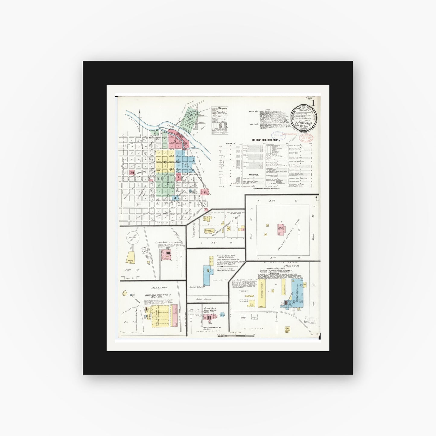 Old map wall art mockup β black gallery frame with white mat β Sanborn Fire Insurance Map from Cedar Falls, Black Hawk County, Iowa (1897), Sheet #0001