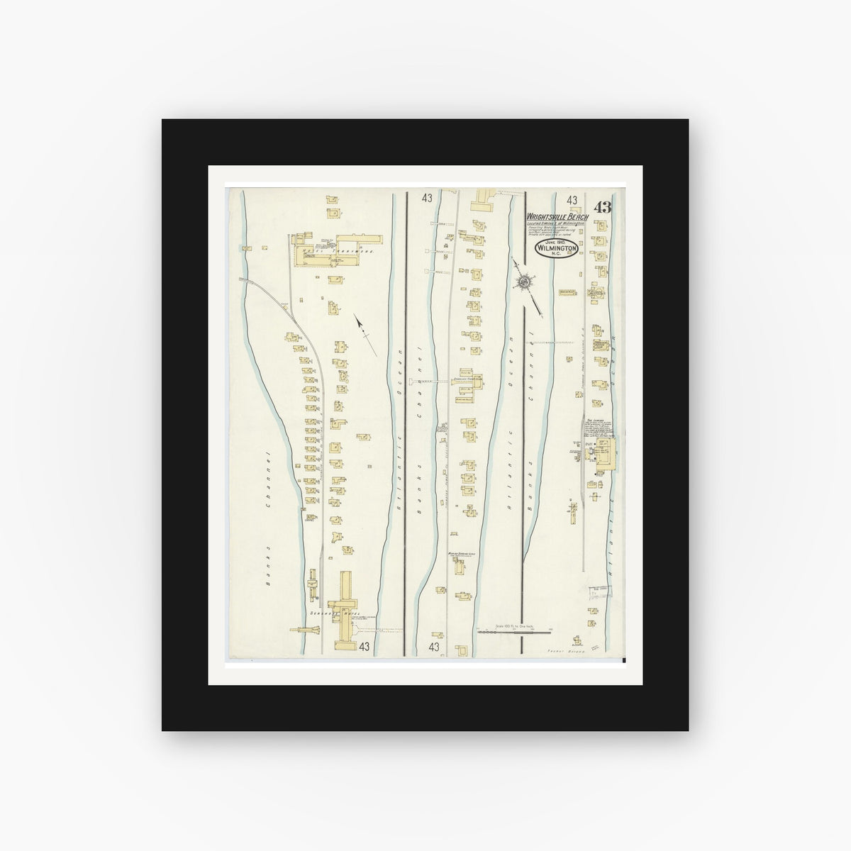 Old map wall art mockup — black gallery frame with white mat — Sanborn Fire Insurance Map from Wilmington, New Hanover County, North Carolina (1910), Sheet #0043