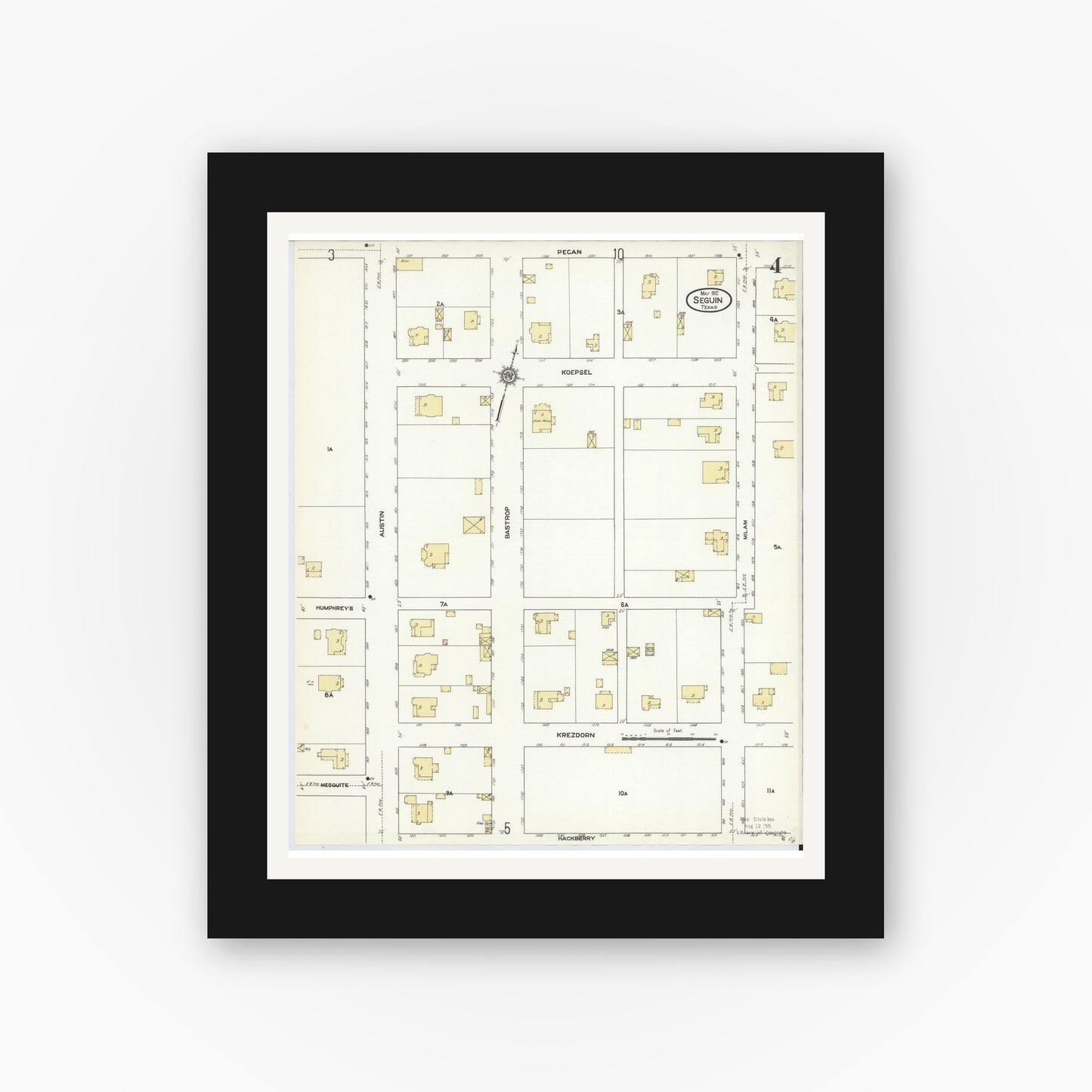 Old map wall art mockup — black gallery frame with white mat — Sanborn Fire Insurance Map from Seguin, Guadalupe County, Texas (1912), Sheet #0004