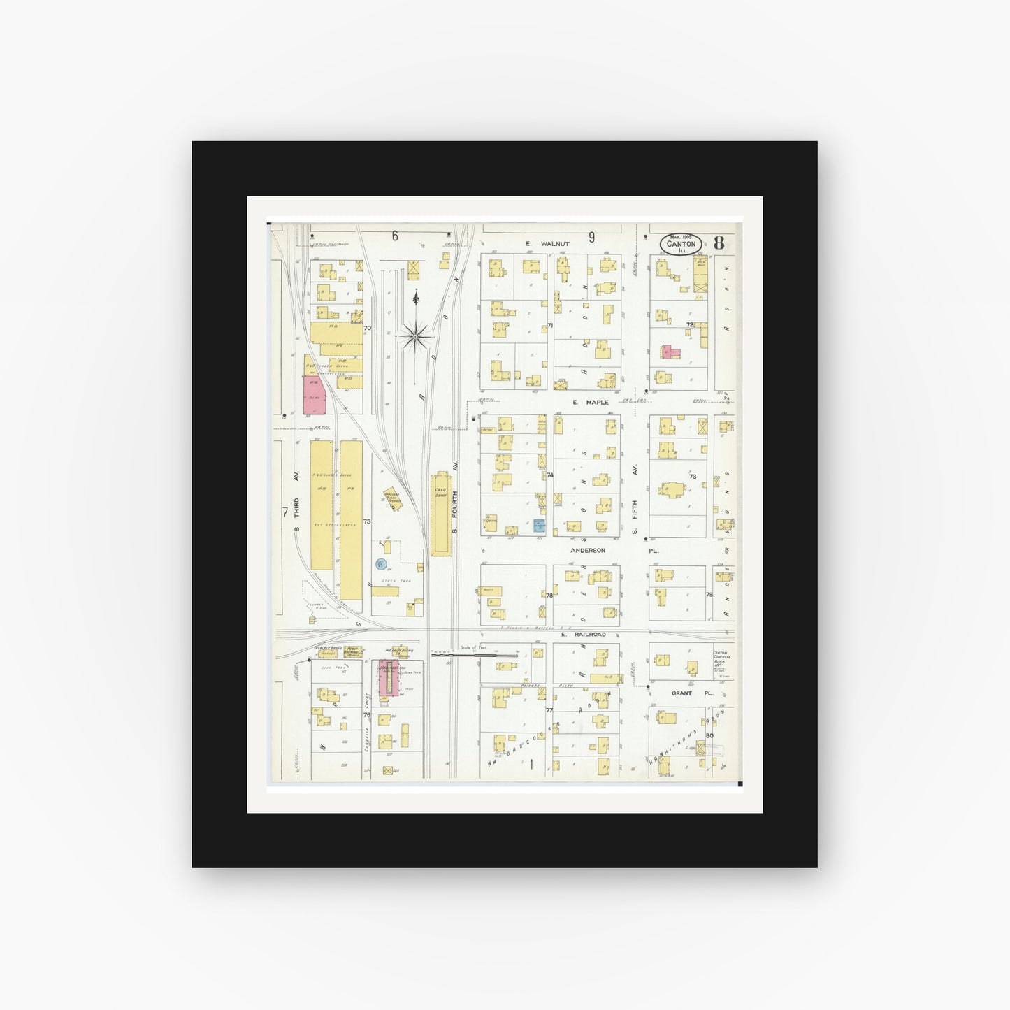 Old map wall art mockup — black gallery frame with white mat — Sanborn Fire Insurance Map from Canton, Fulton County, Illinois (1909), Sheet #0008