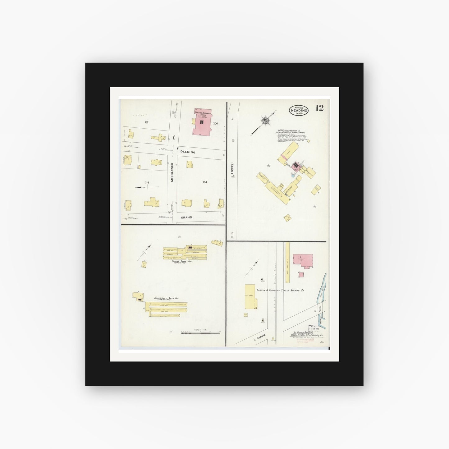 Old map wall art mockup — black gallery frame with white mat — Sanborn Fire Insurance Map from Reading, Middlesex County, Massachusetts (1909), Sheet #0012