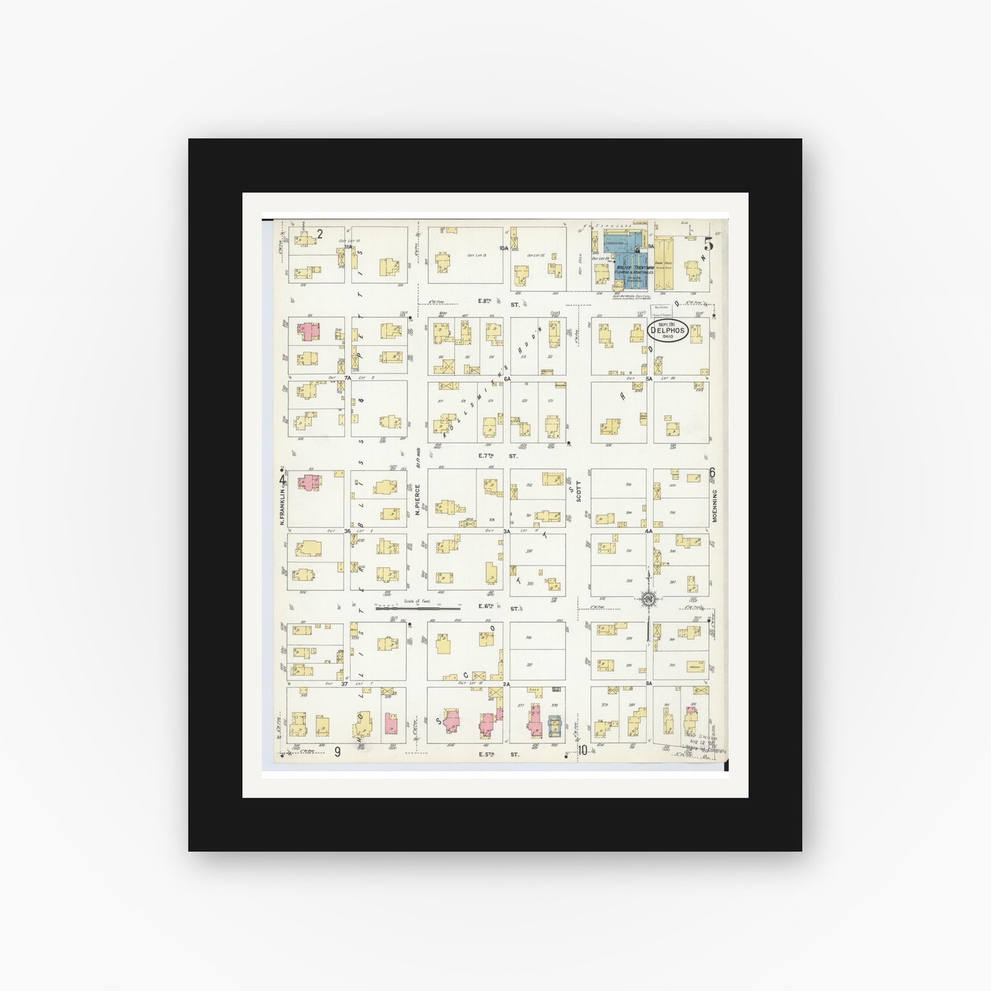 Old map wall art mockup — black gallery frame with white mat — Sanborn Fire Insurance Map from Delphos, Van Wert And Allen Counties, Ohio (1911), Sheet #0005