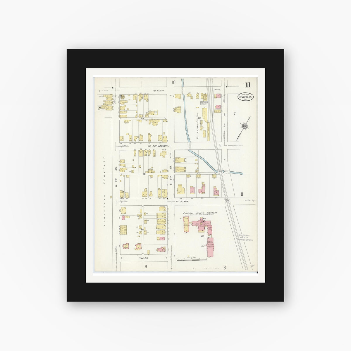 Old map wall art mockup β black gallery frame with white mat β Sanborn Fire Insurance Map from Lewisburg, Union County, Pennsylvania (1913), Sheet #0011