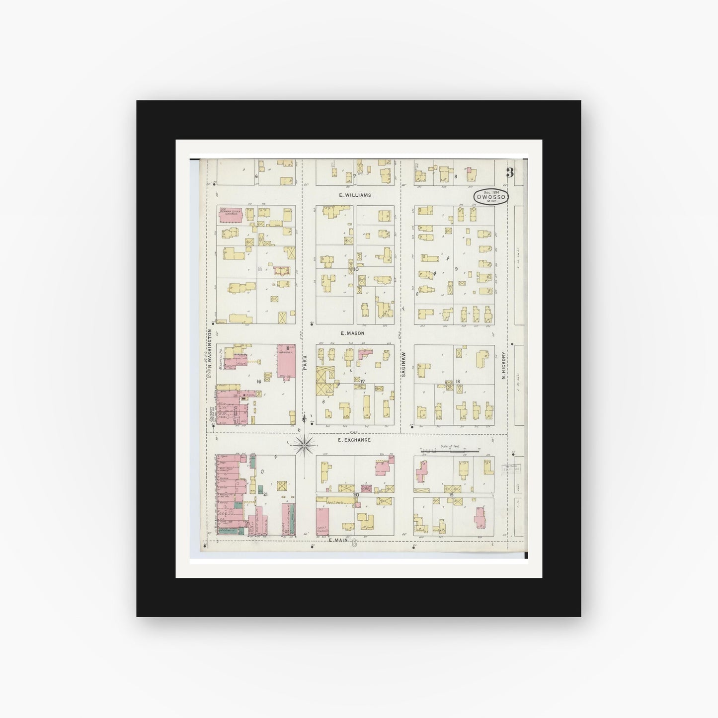 Old map wall art mockup — black gallery frame with white mat — Sanborn Fire Insurance Map from Owosso, Shiawassee County, Michigan (1894), Sheet #0003