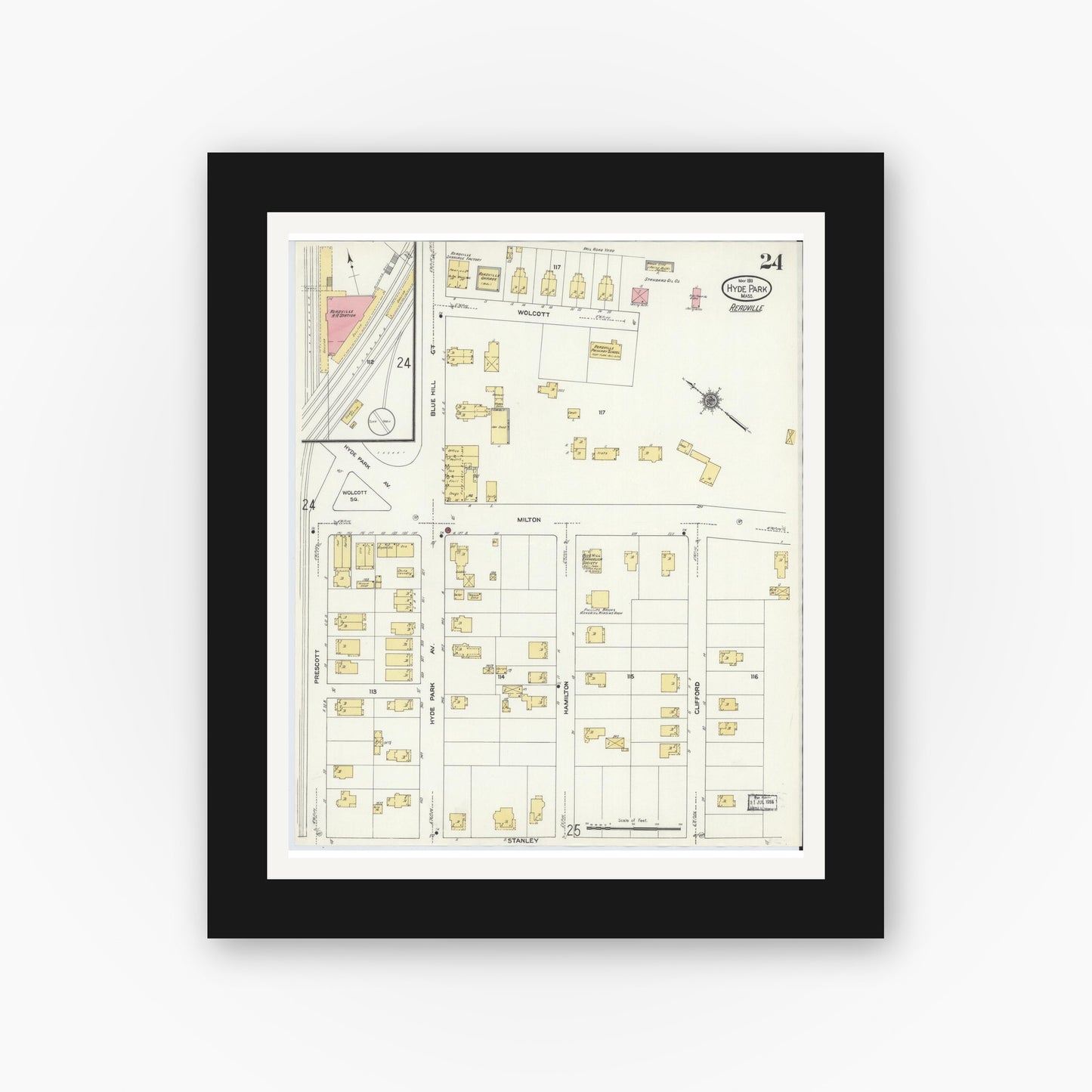 Old map wall art mockup — black gallery frame with white mat — Sanborn Fire Insurance Map from Hyde Park, Norfolk County, Massachusetts (1911), Sheet #0024