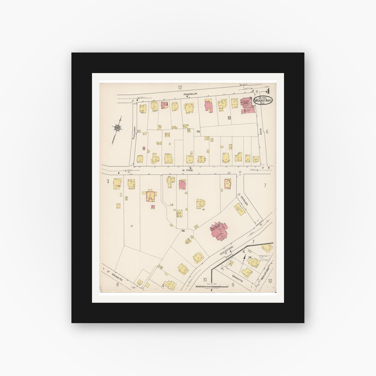 Old map wall art mockup — black gallery frame with white mat — Sanborn Fire Insurance Map from Mount Airy, Surry County, North Carolina (1922), Sheet #0004