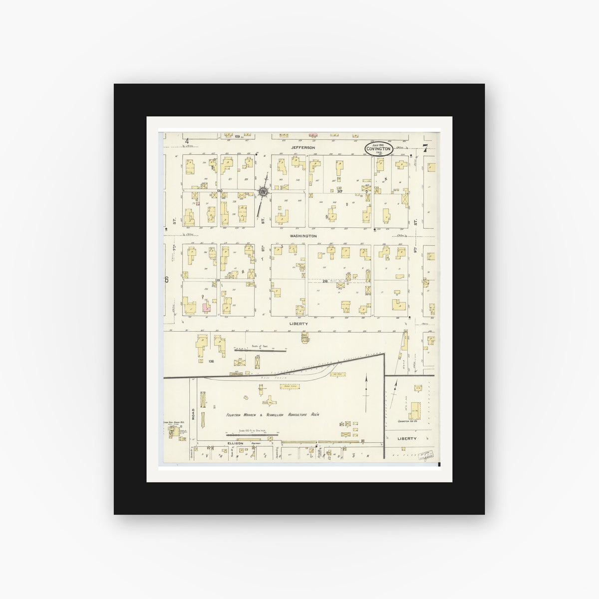 Old map wall art mockup — black gallery frame with white mat — Sanborn Fire Insurance Map from Covington, Fountain County, Indiana (1910), Sheet #0007