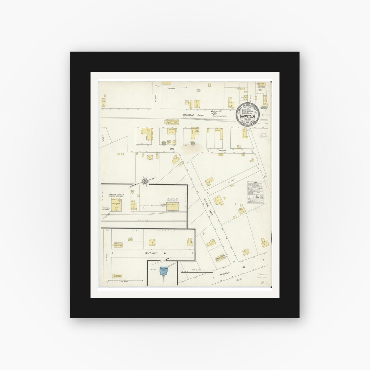 Old map wall art mockup — black gallery frame with white mat — Sanborn Fire Insurance Map from Umatilla, Lake County, Florida (1912), Sheet #0001