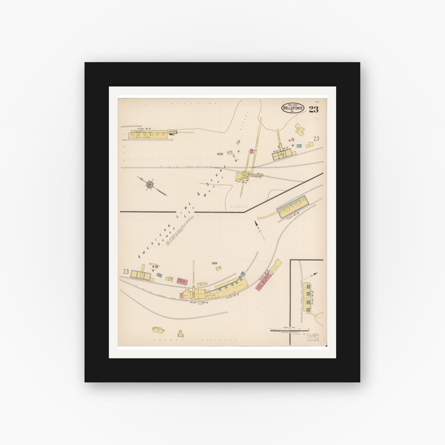 Old map wall art mockup — black gallery frame with white mat — Sanborn Fire Insurance Map from Bellefonte, Centre County, Pennsylvania (1922), Sheet #0023
