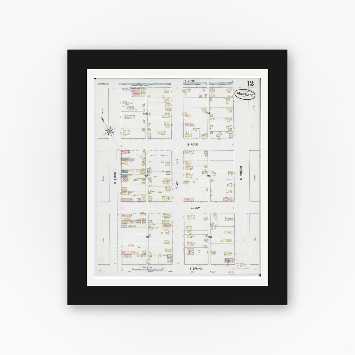 Old map wall art mockup — black gallery frame with white mat — Sanborn Fire Insurance Map from Mankato, Blue Earth County, Minnesota (1889), Sheet #0012