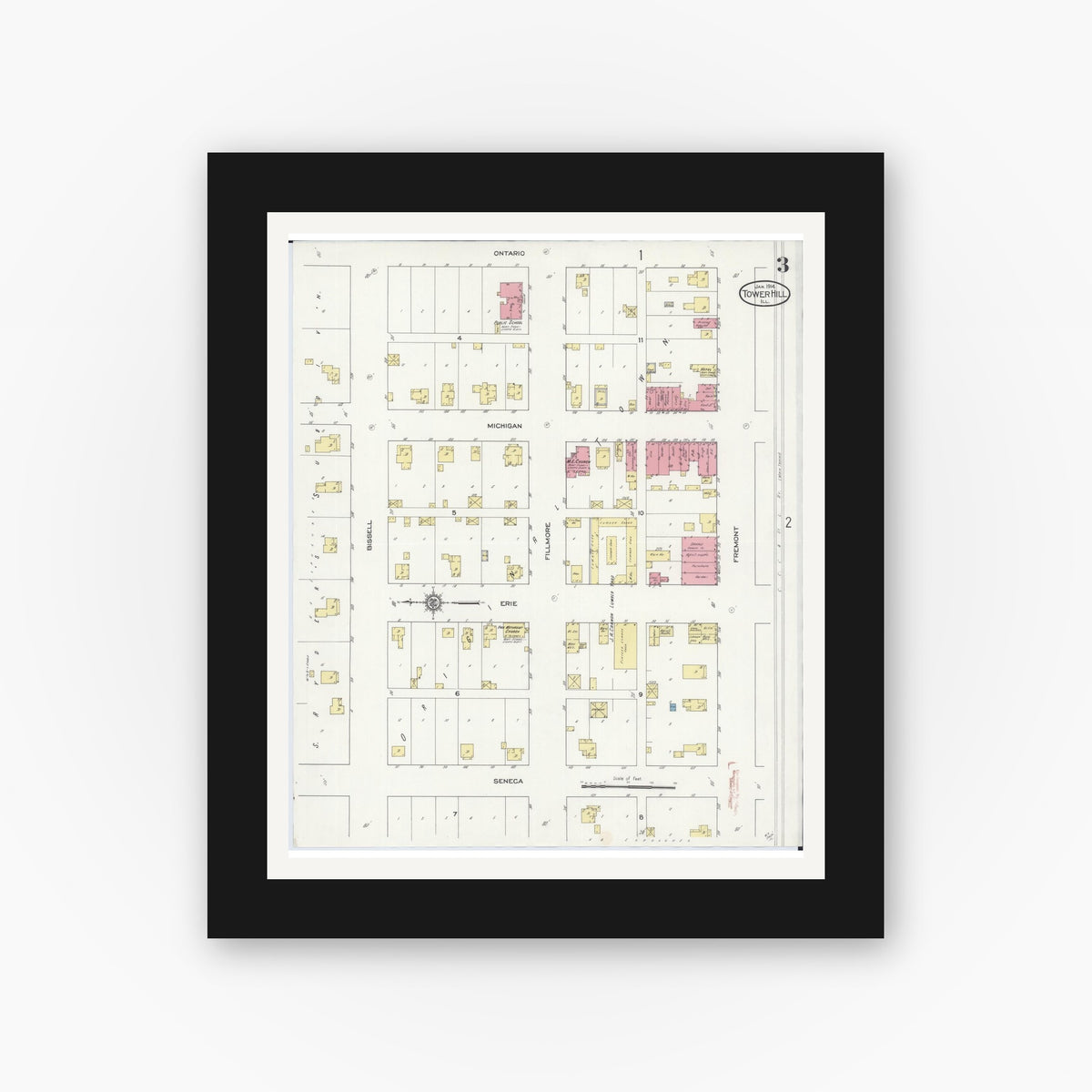 Old map wall art mockup — black gallery frame with white mat — Sanborn Fire Insurance Map from Tower Hill, Shelby County, Illinois (1914), Sheet #0003