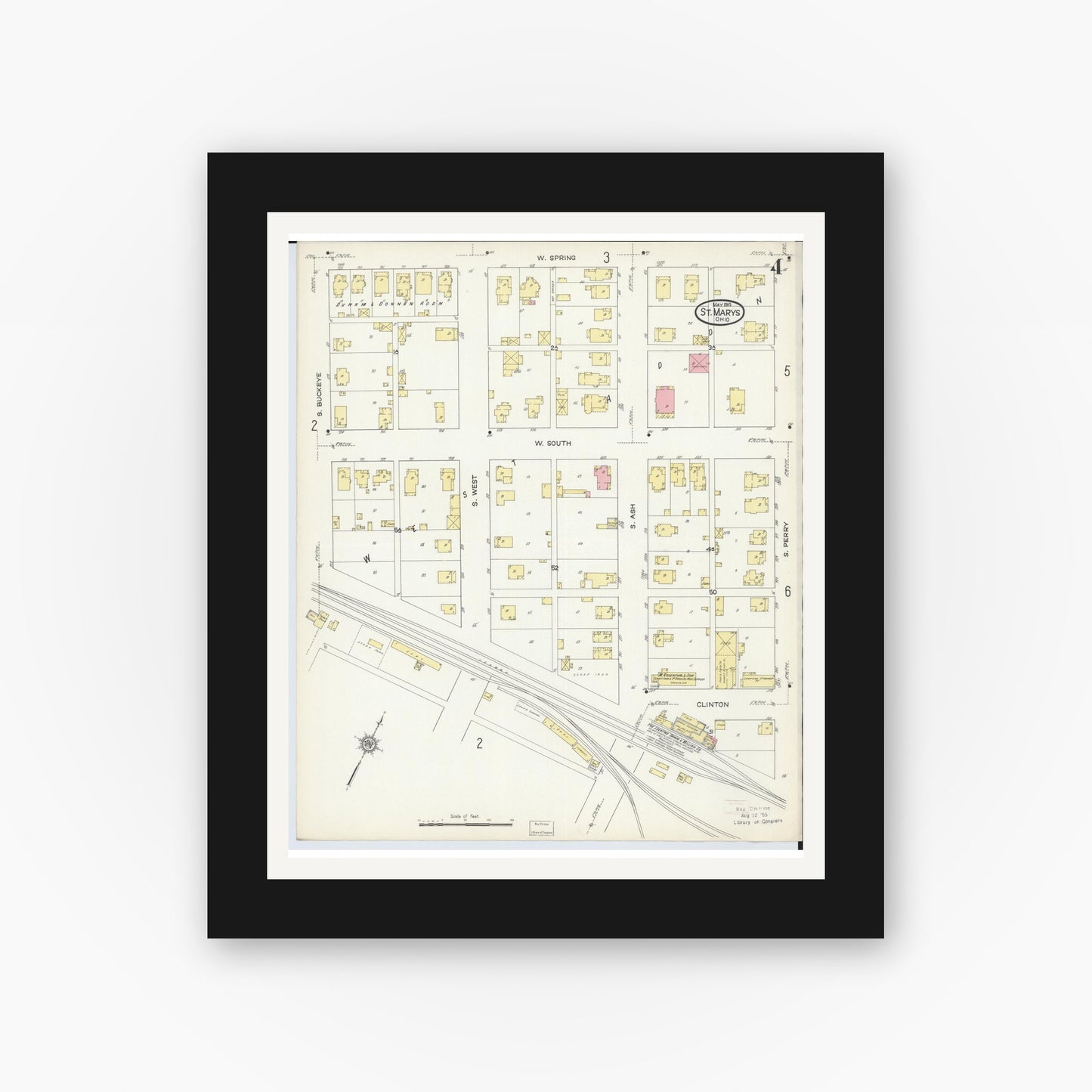 Old map wall art mockup — black gallery frame with white mat — Sanborn Fire Insurance Map from Saint Marys, Auglaize County, Ohio (1914), Sheet #0004