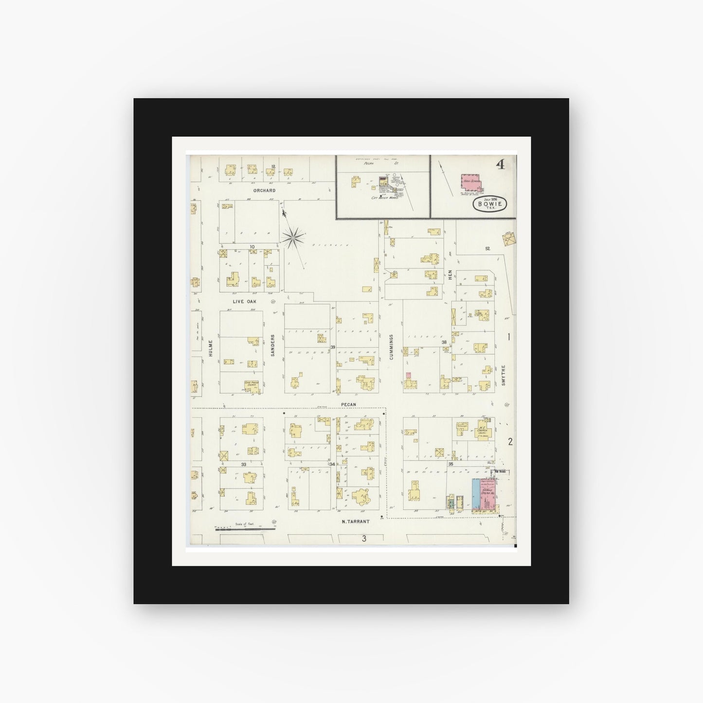 Old map wall art mockup — black gallery frame with white mat — Sanborn Fire Insurance Map from Bowie, Montague County, Texas (1896), Sheet #0004
