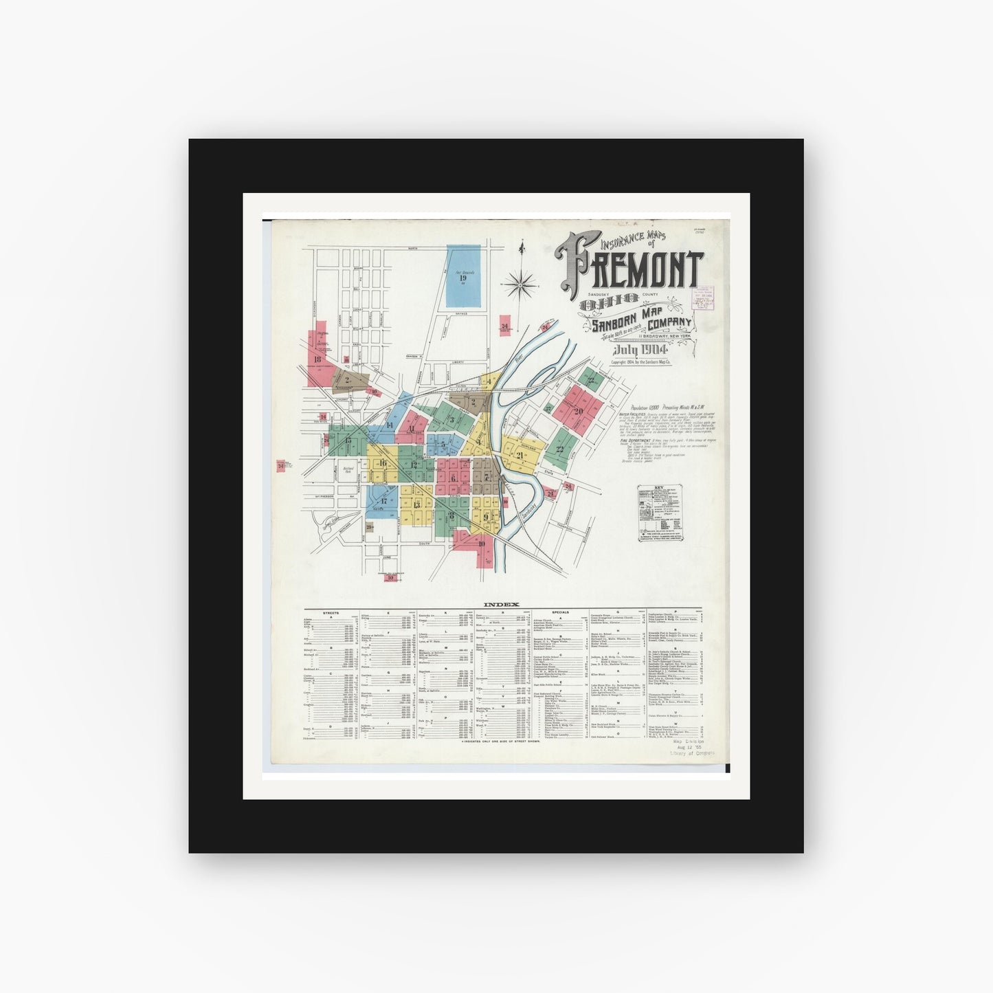 Old map wall art mockup — black gallery frame with white mat — Sanborn Fire Insurance Map from Fremont, Sandusky County, Ohio (1904) - Complete Map Set
