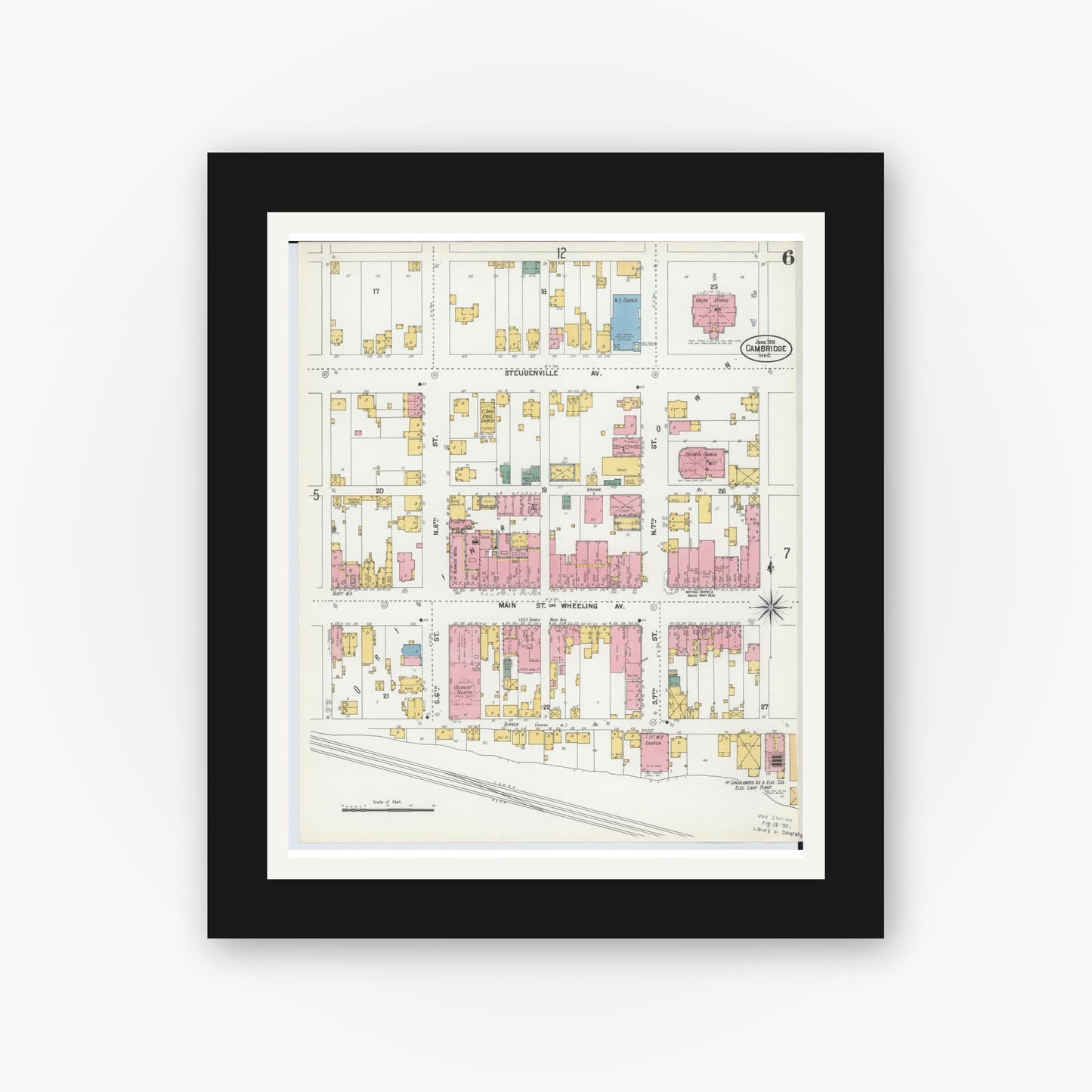 Old map wall art mockup — black gallery frame with white mat — Sanborn Fire Insurance Map from Cambridge, Guernsey County, Ohio (1901), Sheet #0006