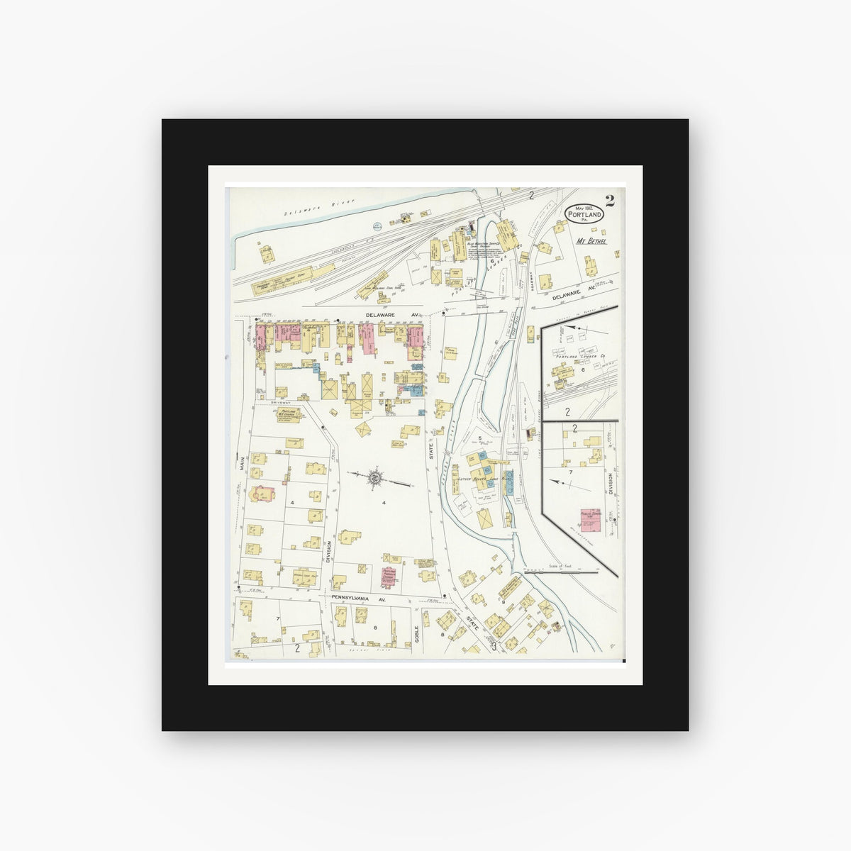 Old map wall art mockup — black gallery frame with white mat — Sanborn Fire Insurance Map from Portland, Northampton County, Pennsylvania (1912), Sheet #0002